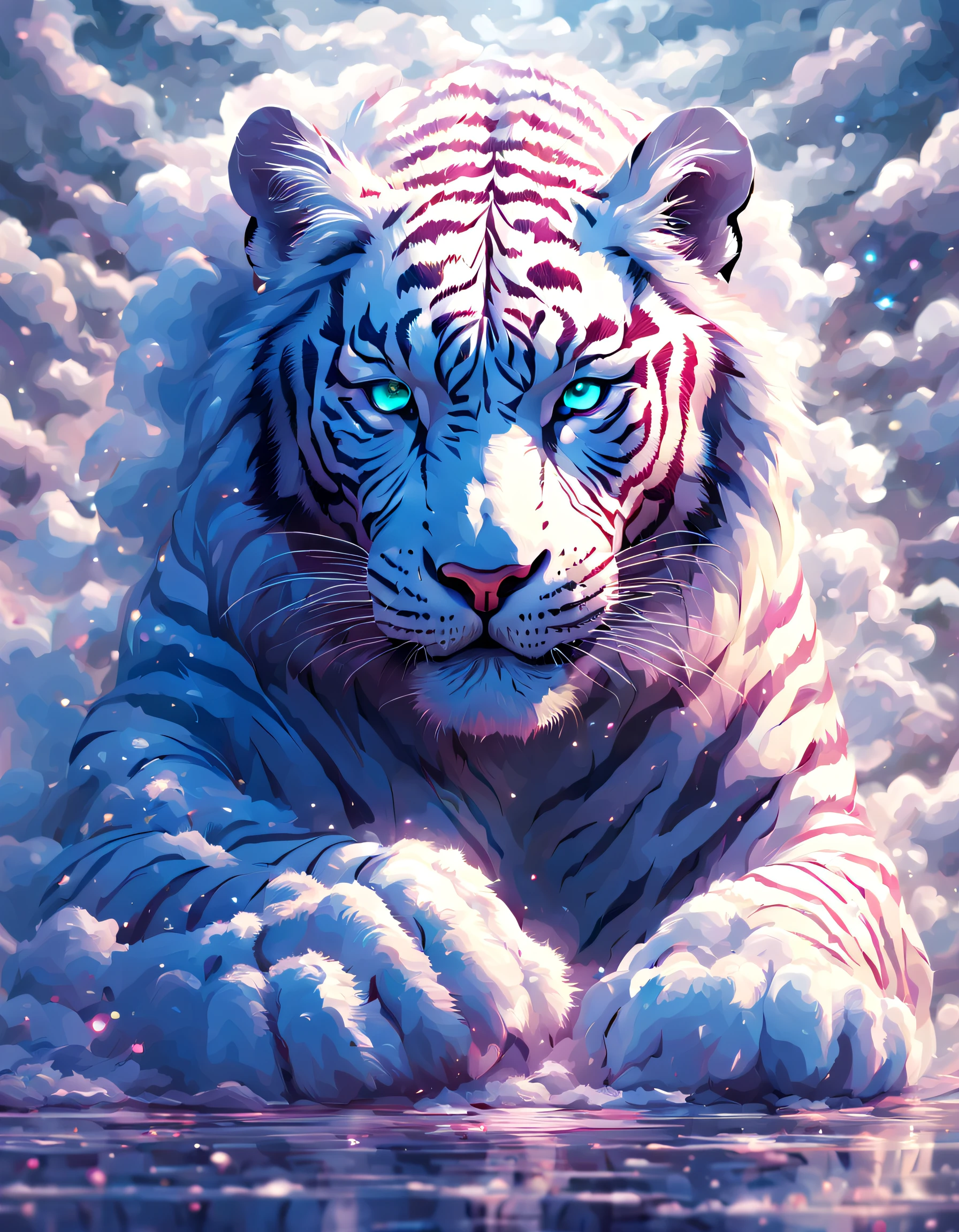 Surreal art，beijing_divino_beastly，the white tiger，cute big breasts，Rich cleavage，Colorful gemstones sparkle，Jewelry sparkles，Glowing light，luminous diamond，palaces