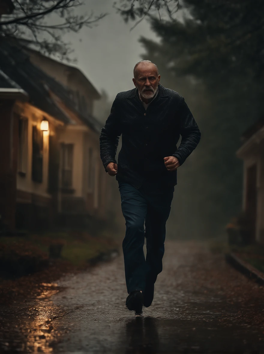 (8k, RAW photos, highest quality, masterpiece: 1.7), (Realistic, Photorealistic: 1.25), cinematic image of a 50-year-old man, rain running down his face, approaching a haunted house.