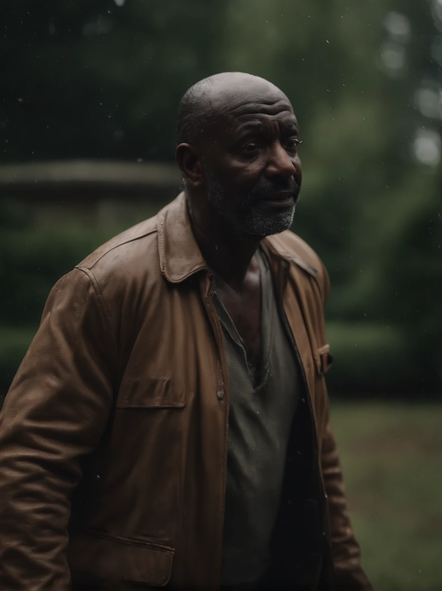 (8k, RAW photos, highest quality, masterpiece: 1.7), (Realistic, Photorealistic: 1.25), cinematic image of a 50-year-old man, rain running down his face, approaching a haunted house.