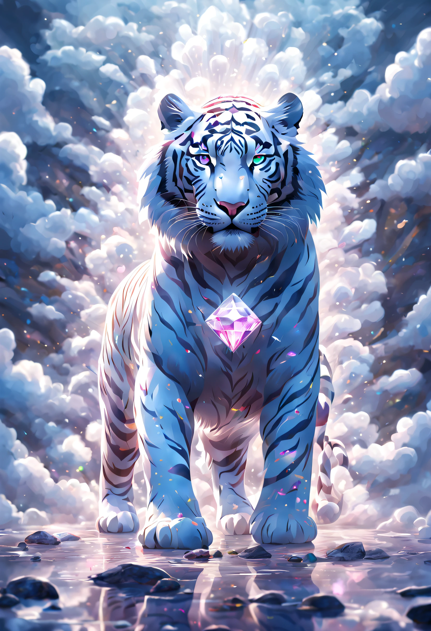 Surreal art，beijing_divino_beastly，the white tiger，cute big breasts，Rich cleavage，Colorful gemstones sparkle，Jewelry sparkles，Glowing light，luminous diamond，palaces