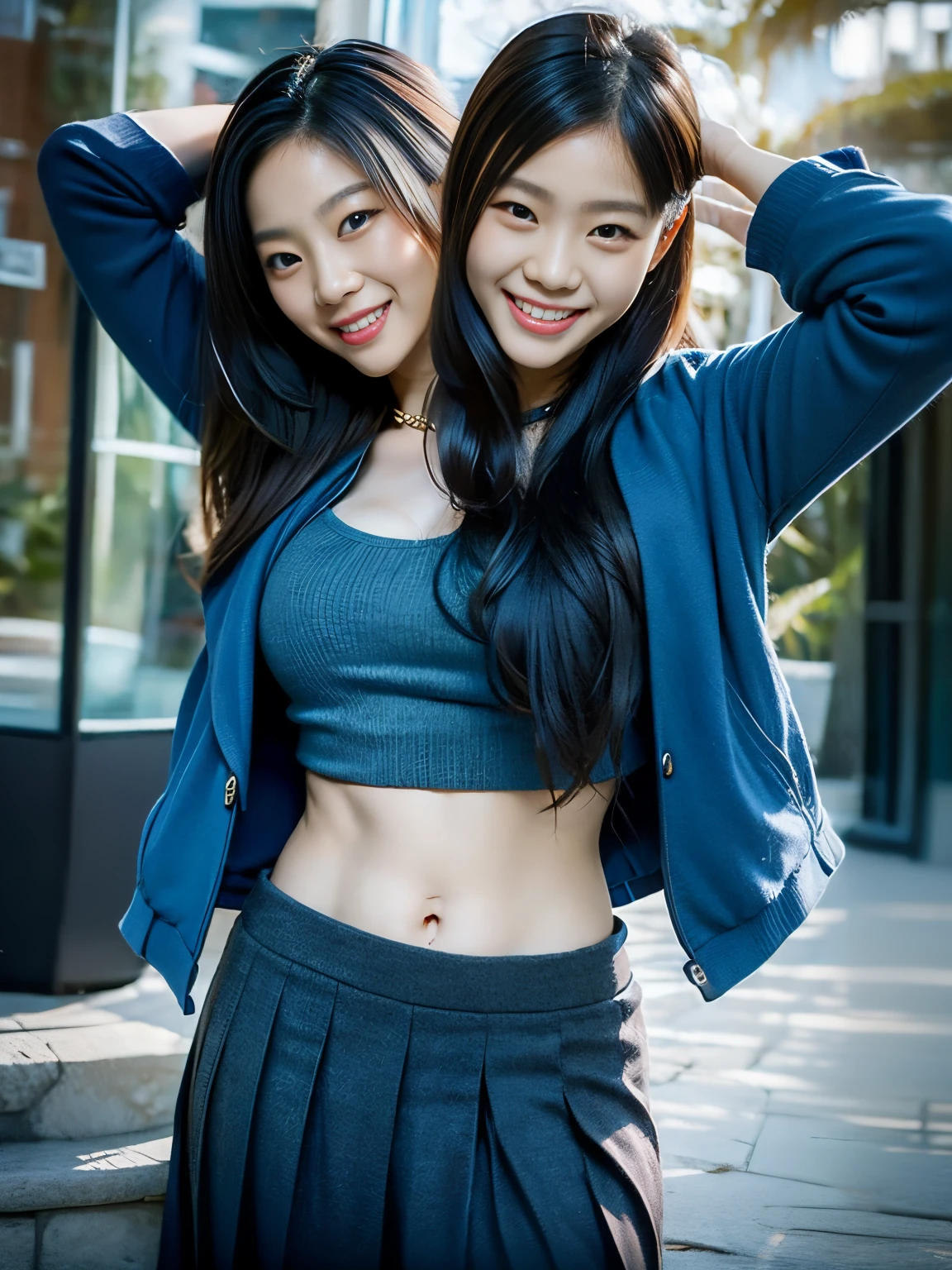 (masterpiece, best quality), best resolution, (2heads:1.5), 1girl, asian girl, korean girl, chinese girl, perfect anatomy, blond hair, smiling, giggling, friendly, inviting, blue eyes, cube hair ornament, hair between eyes, hair ornament, long hair, BREAK black skirt, jacket, tube-top, pants, pants under skirt, blue shirt, pleated skirt, BREAK looking at viewer