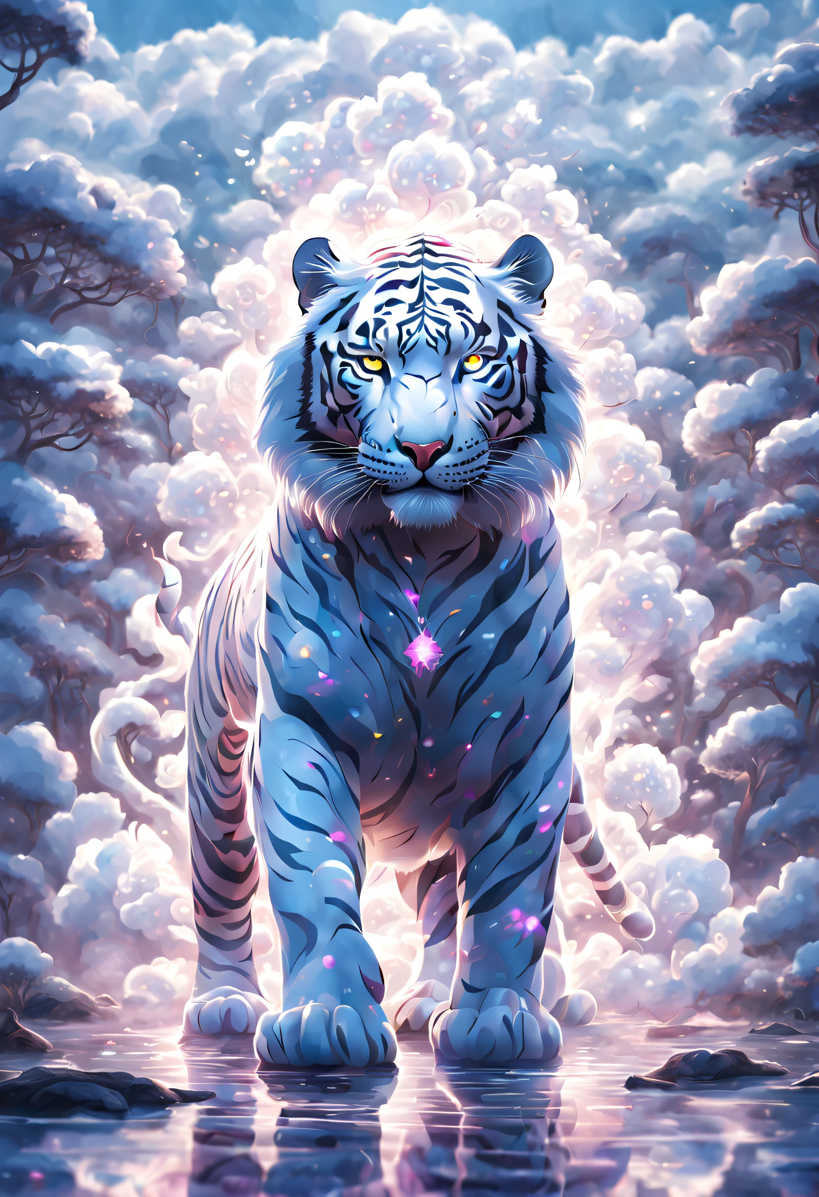 Surreal art,beijing_divino_beastly,the white tiger,cute big breasts,Rich cleavage,Colorful gemstones sparkle,Jewelry sparkles,Glowing light,luminous diamond,palaces