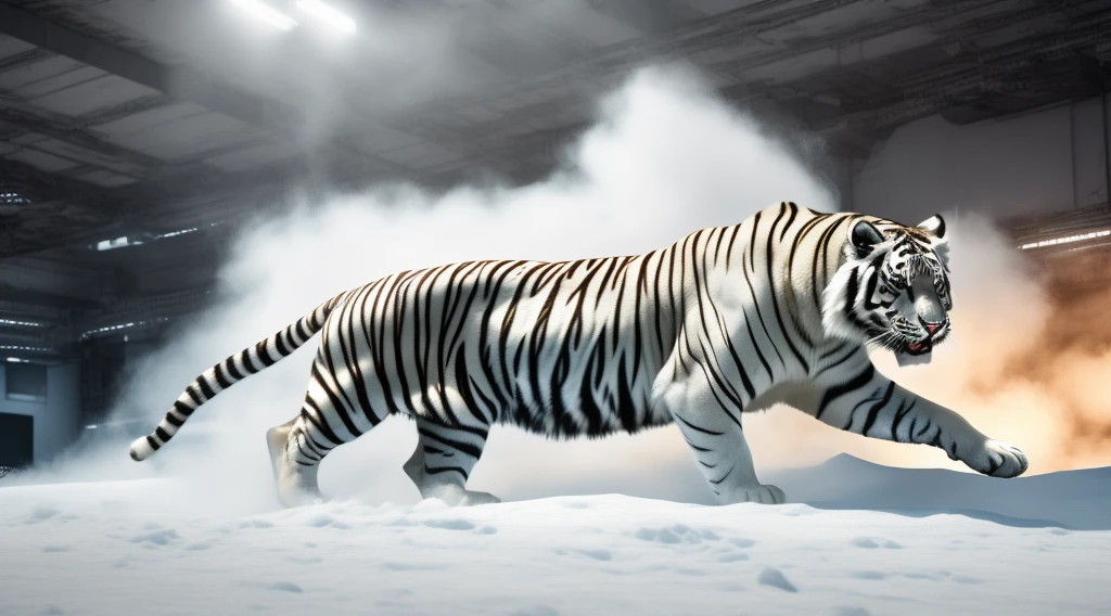 (Best quality at best,4K), A fat white tiger，Correct anatomy，Rolling in the white warm interior space