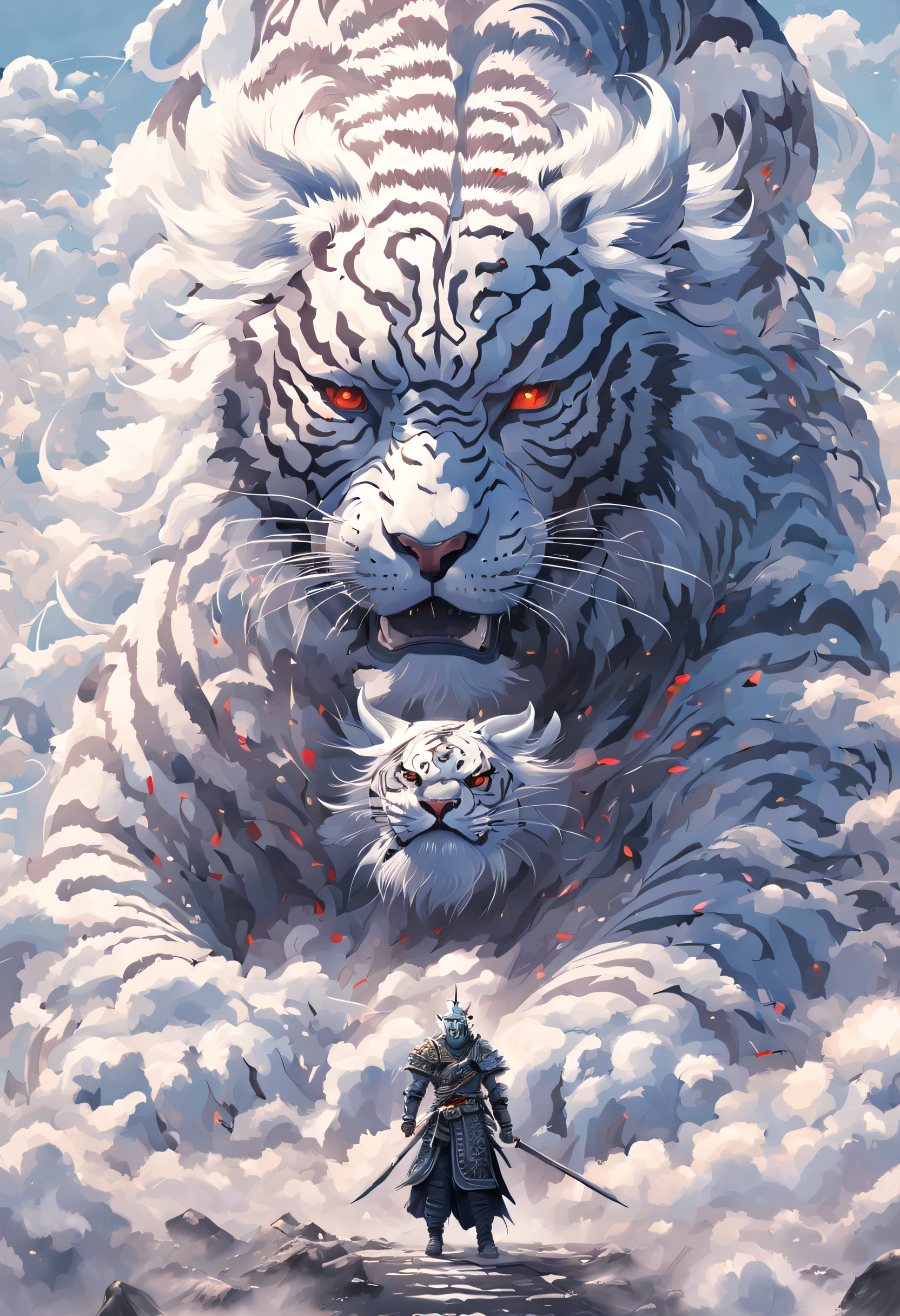 Surreal art，beijing_divino_beastly, red eyes, Outdoor sports, horn, sky sky, teeth, day, cloud, The sky is mostly cloudy, scenecy, smog, Monte, the white tiger, 1 persons, wearing ancient Chinese armor，chineseidol_armour，Alone，Standing in front of the white tiger，with his back to the viewer，电影灯光,strong contrasts,High level of detail,Best quality,tmasterpiece, Extremely high resolution details, Photographic, Realism taken to extremes, fine texture, Extremely realistic