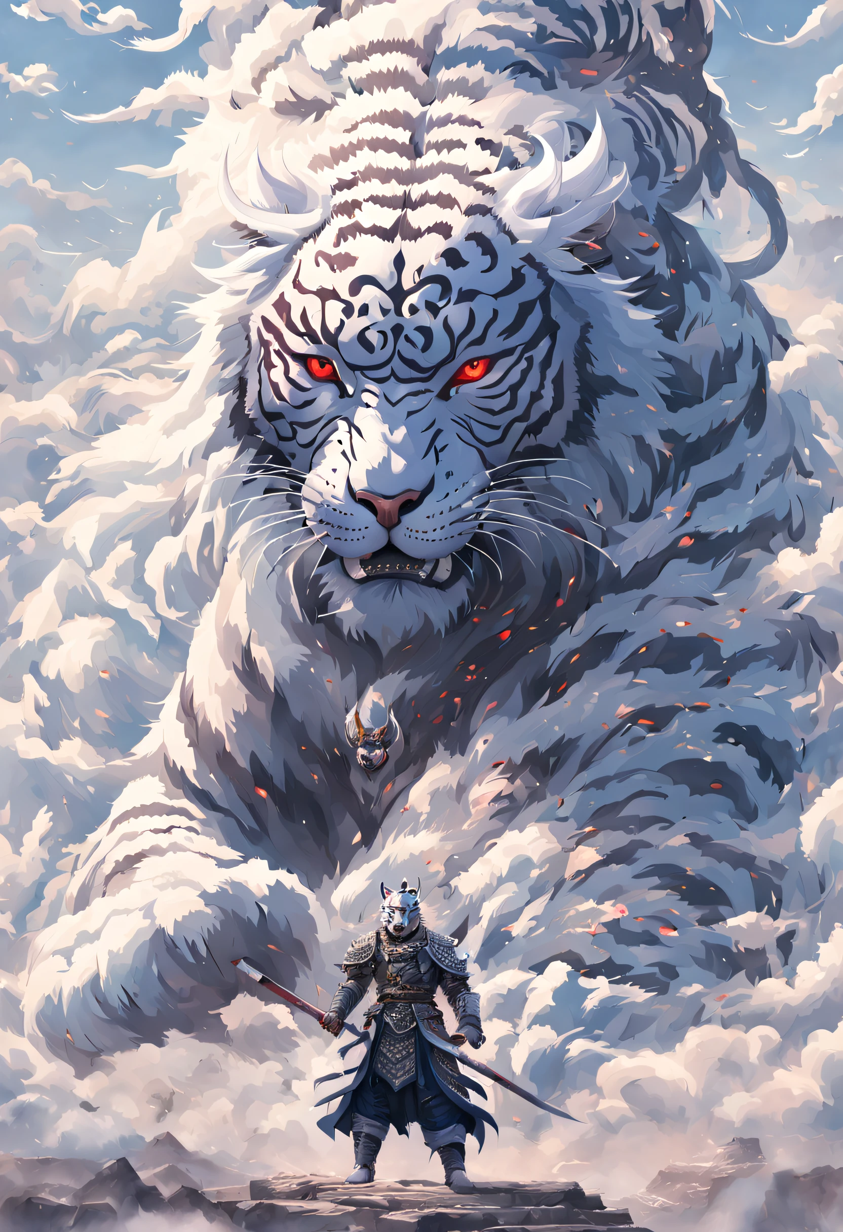 Surreal art，beijing_divino_beastly, red eyes, Outdoor sports, horn, sky sky, teeth, day, cloud, The sky is mostly cloudy, scenecy, smog, Monte, the white tiger, 1 persons, wearing ancient Chinese armor，chineseidol_armour，Alone，Standing in front of the white tiger，with his back to the viewer，电影灯光,strong contrasts,High level of detail,Best quality,tmasterpiece, Extremely high resolution details, Photographic, Realism taken to extremes, fine texture, Extremely realistic