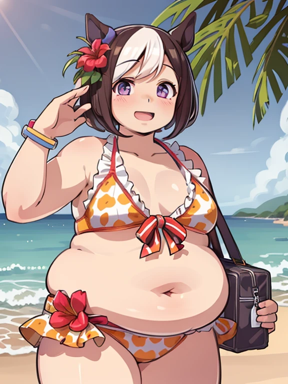 fat special week \(umamusume\), anime girl in bikini with cat ears and a flower in her hair, obese, loli, fat arms, thick thighs, big cheeks, at a tropical beach, extremely detailed artgerm, kawacy, detailed digital anime art, [ 4 k digital art ]!!, seductive anime girl, realistic bikini, in the beach, digital anime illustration, beautiful anime girl, anime style 4k, overwatch tracer in a bikini, (masterpiece, Highest Quality), cute