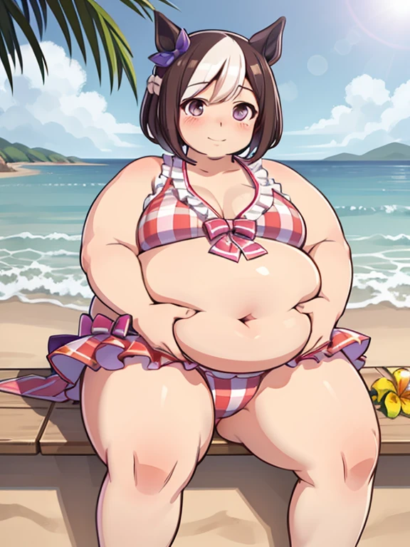 fat special week \(umamusume\), anime girl in bikini with cat ears and a flower in her hair, obese, , fat arms, thick thighs, big cheeks, at a tropical beach, extremely detailed artgerm, kawacy, detailed digital anime art, [ 4 k digital art ]!!, seductive anime girl, realistic bikini, in the beach, digital anime illustration, beautiful anime girl, anime style 4k, overwatch tracer in a bikini, (masterpiece, Highest Quality), cute