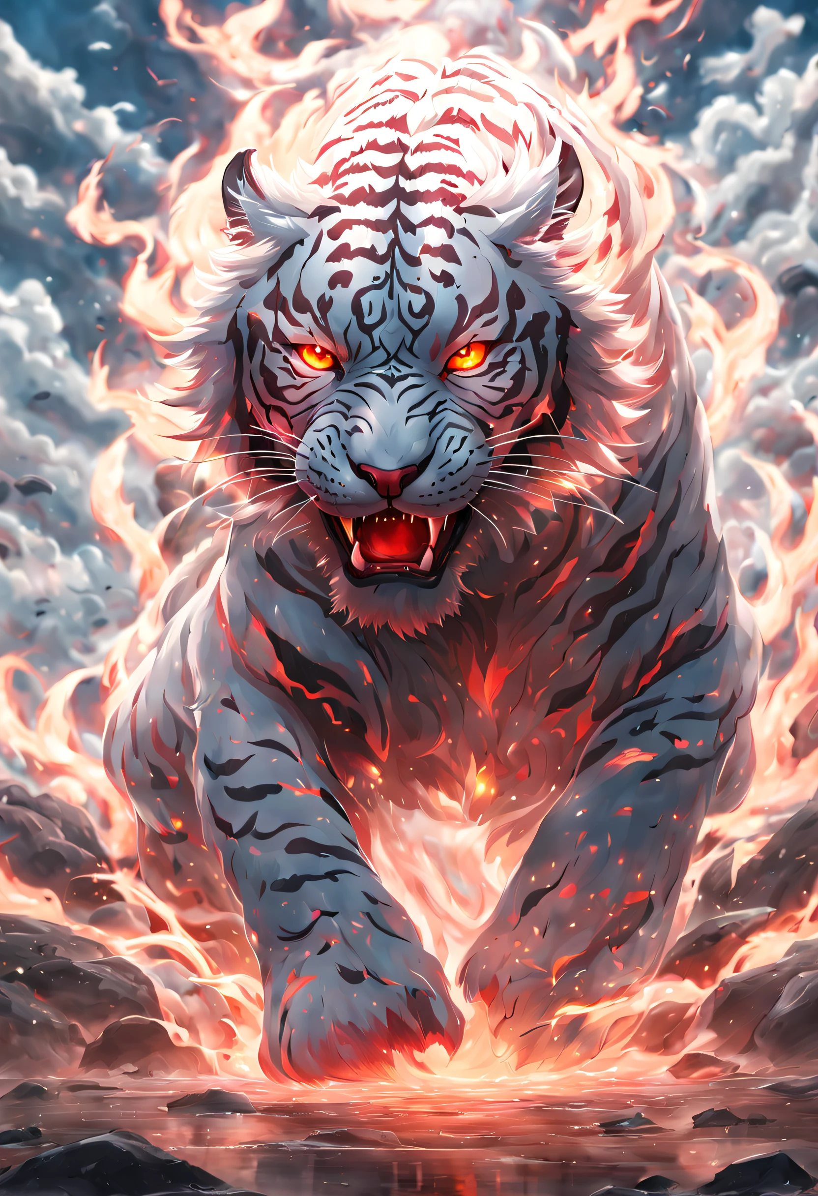 Surreal art，beijing_divino_beastly，looking at viewert，with her mouth open，red eyes，without humans，Glowing light，Small animals，buck teeth，Fiery，theelementoffire，glowing light eyes，blasts，the white tiger，Humanity，molten lava，电影灯光，strong contrasts，High level of detail，best quality，tmasterpiece，Extremely high resolution detail，photography，Realism pushed to its limits，fine texture，realisticlying，Very high resolution detail，Love photography，Realism pushed to its limits，fine texture，realisticlying