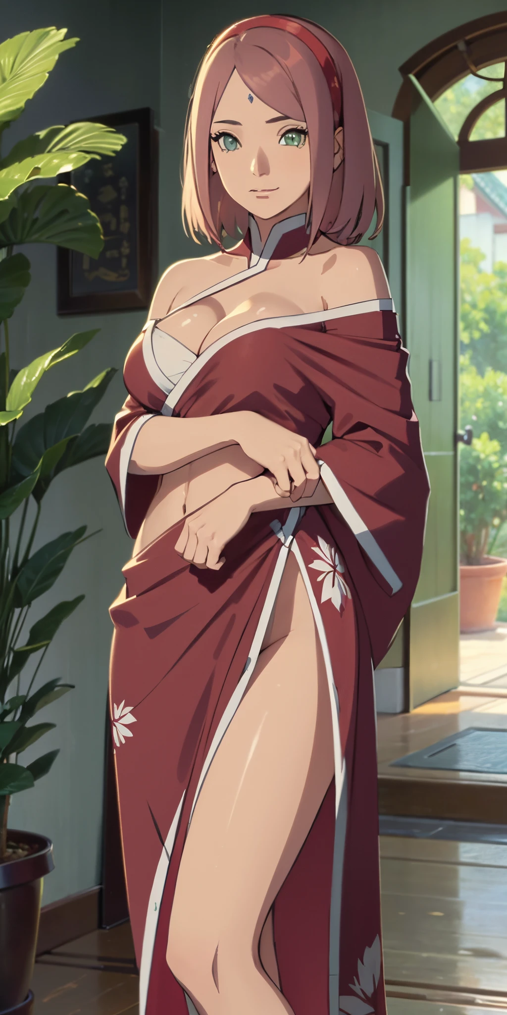 Best quality at best,tmasterpiece,8k wallpaper,sporty attire，frontal photos，Large breasts，looking at the camera in，Off-the-shoulder attire，Ridiculous resources, A high resolution, ultra - detailed, (ung beautiful girl, Alone:1.1), hair,navel,sarong, Large breasts, 鎖骨, partial decompression, jaket, Printed sarong,hand on ass,a plant, Eau, everlasting, 废墟,optics_Rays,