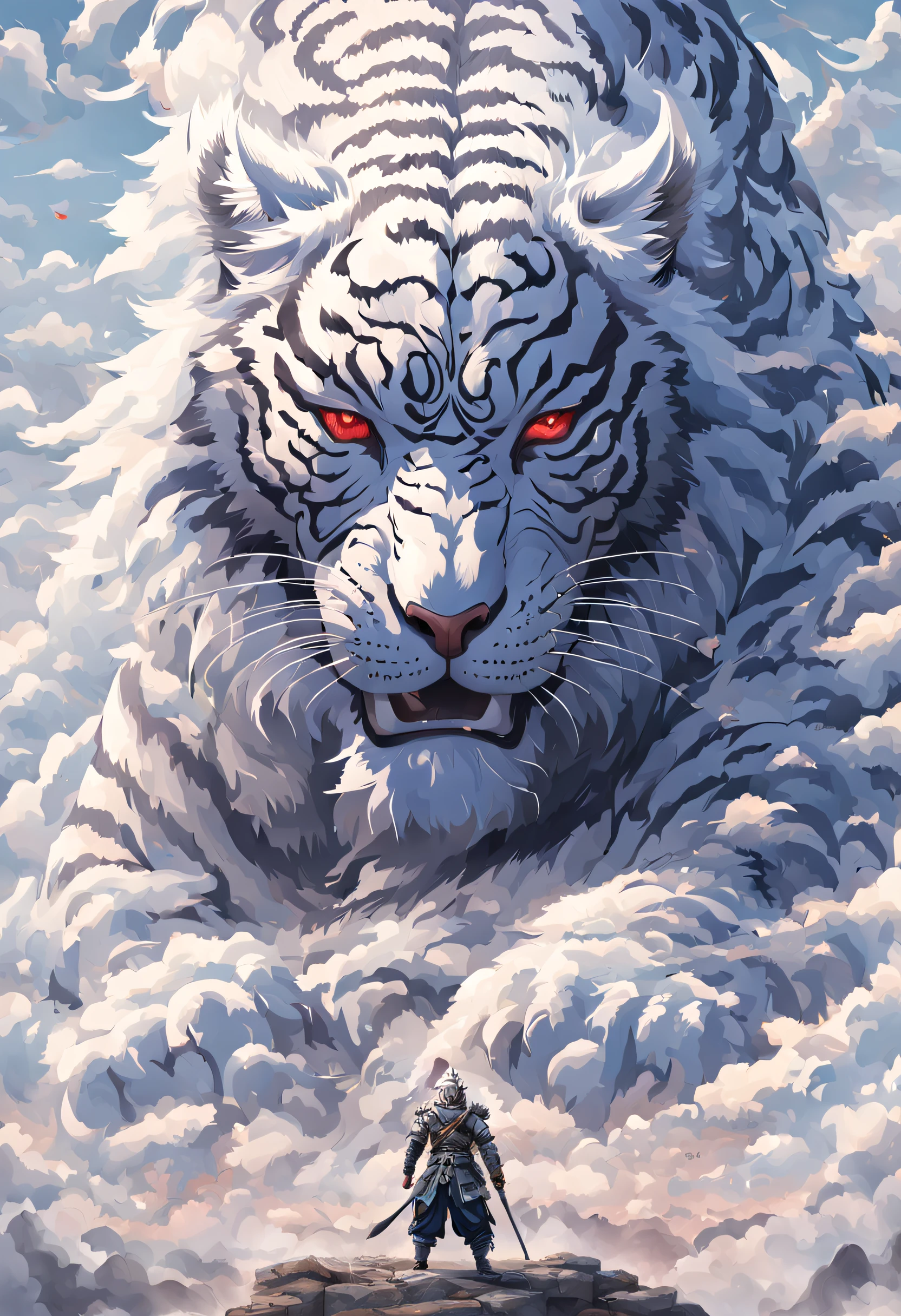 Surreal art,beijing_divino_beastly, red eyes, Outdoor sports, horn, sky sky, teeth, day, cloud, The sky is mostly cloudy, scenecy, smog, Monte, the white tiger, of a man, Wearing Chinese armor,chineseidol_armour,Alone,Standing in front of the white tiger,with his back to the viewer,电影灯光,strong contrasts,High level of detail,Best quality,tmasterpiece, Extremely high resolution details, Photographic, Realism taken to extremes, fine texture, Extremely realistic