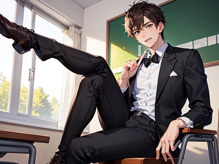 Masterpiece, best quality, 1boy, muscular,20 yrs old, brown hair, short hair, Green eyes, seductive smile, classroom background, wearing grey school uniform, black pants, chair, sitting, sunny day