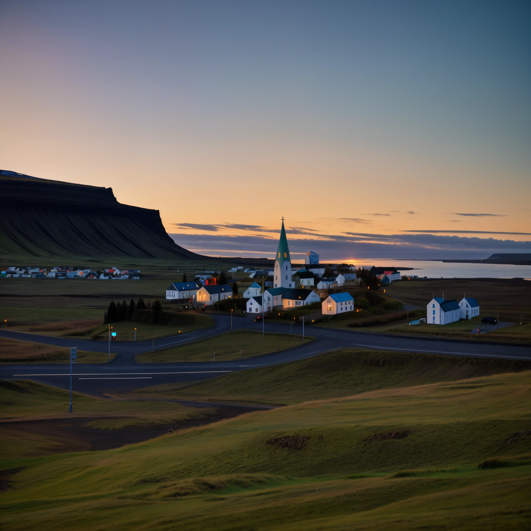 View of Alafid in a small town,There is a church on the roadside, Remote Icelandic village, Icelandic hills in the background, iceland photography, iceland, Church in the background, author:Dietmar Dammelau, an icelandic landscape, The foreground is a small town, Night setting, an icelandic landscape, author:Hallsteinn Sigurðsson, Dusk setting