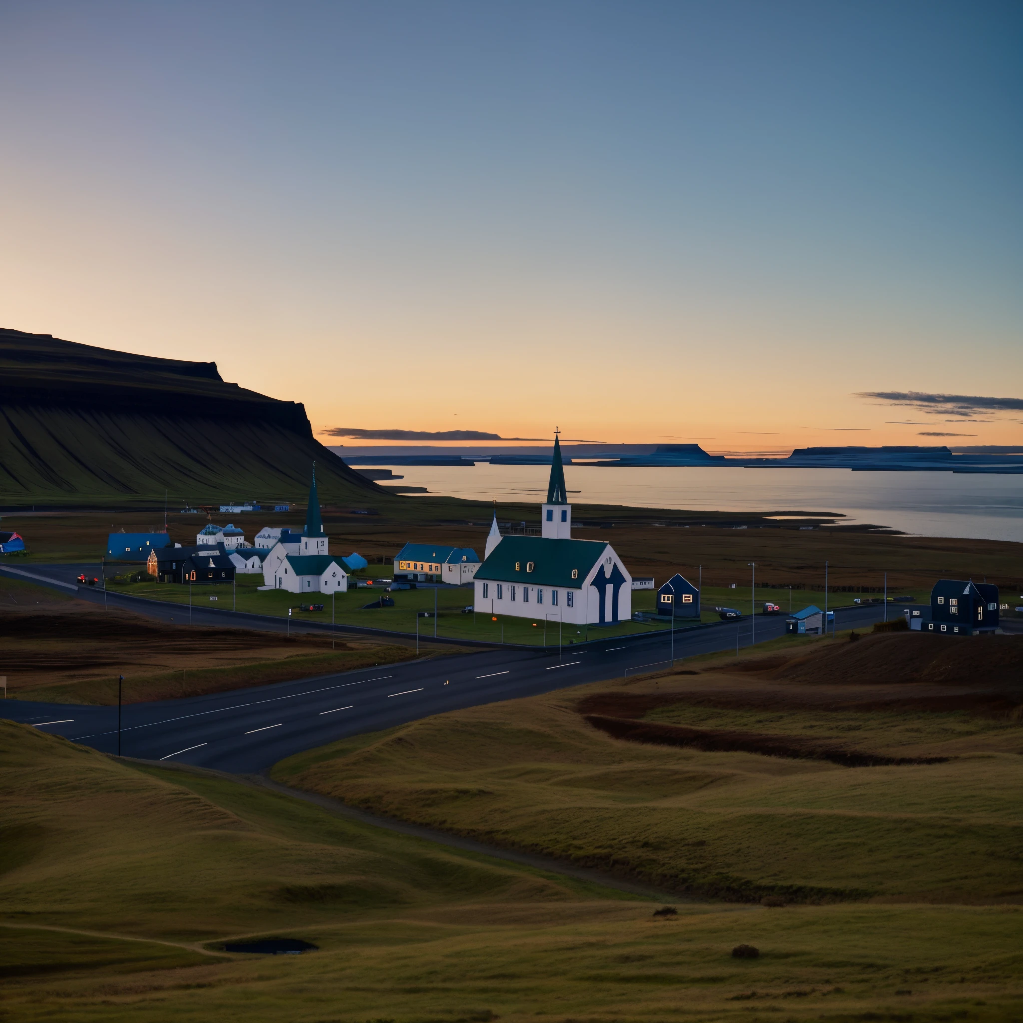 View of Alafid in a small town,There is a church on the roadside, Remote Icelandic village, Icelandic hills in the background, iceland photography, iceland, Church in the background, author:Dietmar Dammelau, an icelandic landscape, The foreground is a small town, Night setting, an icelandic landscape, author:Hallsteinn Sigurðsson, Dusk setting