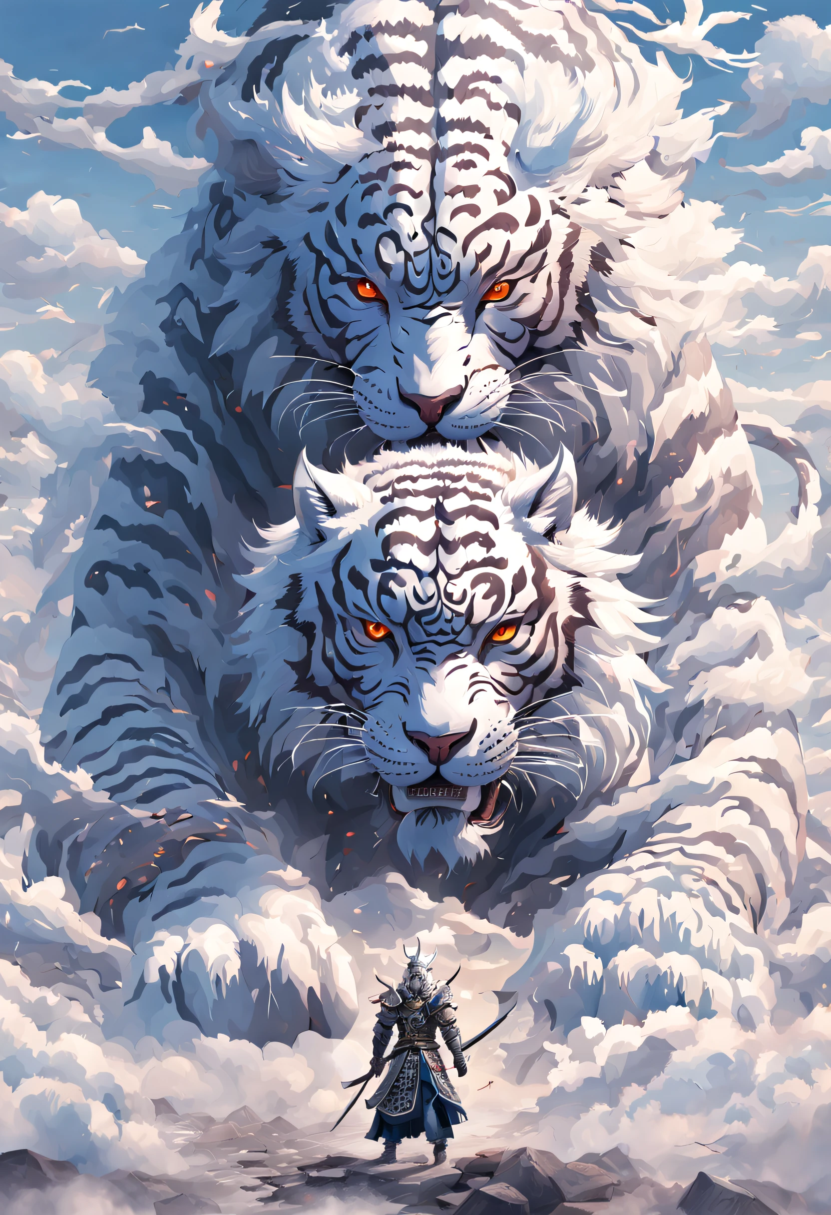 Surreal art,beijing_divino_beastly, red eyes, Outdoor sports, horn, sky sky, teeth, day, cloud, The sky is mostly cloudy, scenecy, smog, Monte, the white tiger, of a man, Wearing Chinese armor,chineseidol_armour,Alone,Standing in front of the white tiger,with his back to the viewer,电影灯光,strong contrasts,High level of detail,Best quality,tmasterpiece, Extremely high resolution details, Photographic, Realism taken to extremes, fine texture, Extremely realistic