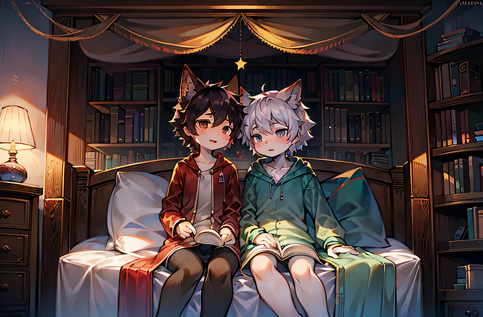 lovely boy,shota,Sit at the head of the bed,Read together,Cover with a quilt,book in hand,on bedroom,Turn on the lights,book case,There were two people lying on the bed,natta,starrysky,Look at each other,
