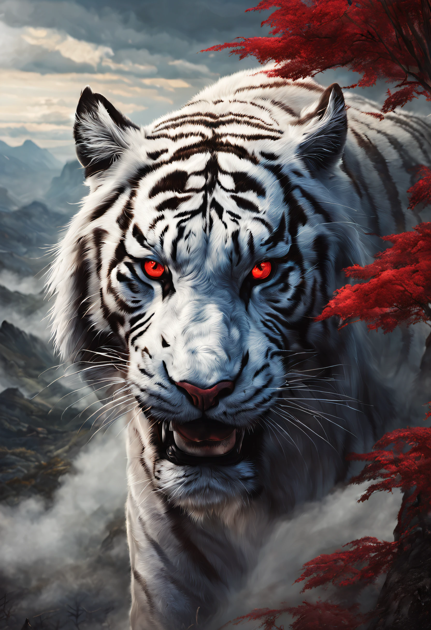 Hyper-realistic art BJ_divino_beastly, Red_The eye, Outdoor activities, horn, Skysky, teeth,daysies, clouds, The No_Humanity, Cloudy_Skysky, scenecy, smokes, mont, White Tiger, 电影灯光,strong contrasts,High level of detail,Best quality at best,tmasterpiece, Extremely high resolution detail, Photographic, Realism taken to extremes, fine texture, Extremely realistic