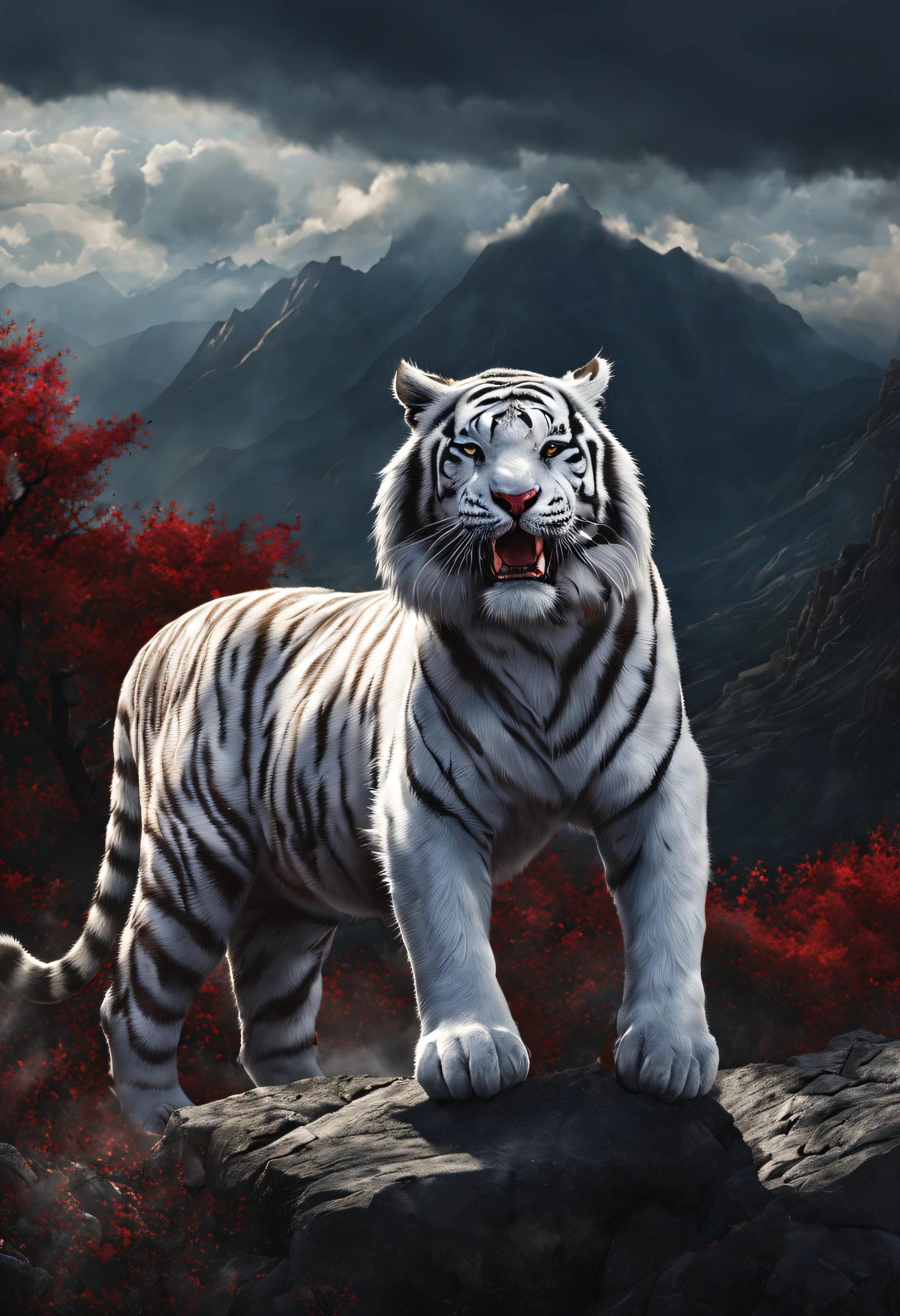 Hyper-realistic art BJ_divino_beastly, Red_The eye, Outdoor activities, horn, Skysky, teeth,daysies, ​​clouds, The No_Humanity, Cloudy_Skysky, scenecy, smokes, mont, White Tiger, 电影灯光,strong contrasts,High level of detail,Best quality at best,tmasterpiece, Extremely high resolution detail, Photographic, Realism taken to extremes, fine texture, Extremely realistic