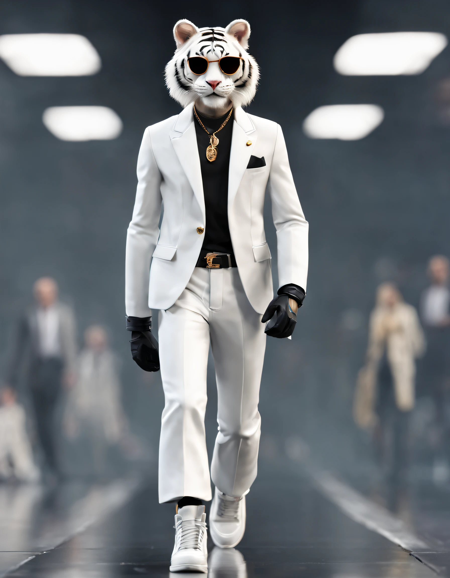 character  design，（A little white tiger walks the catwalk at fashion week）, in white jacket，Wearing white pants， Very stylish,,((Wearing cool sunglasses：1.3)), (Black boots：1.3），
Background with: indoor，On the catwalk
{{tmasterpiece}}, {{{Best quality}}}, {{ultra - detailed}}, photography of,pixar-style,cartoonish style,comic strip,tmasterpiece,lamplight,illusory engine,Rendered by Octane,Corona introduction,V-rays,tiltshift,,shot from far away,a 3D render,