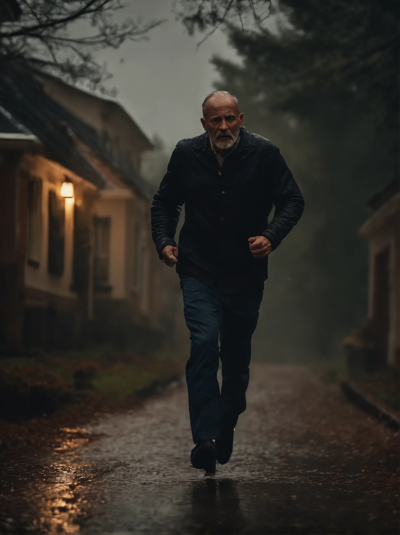 (8k, RAW photos, highest quality, masterpiece: 1.7), (Realistic, Photorealistic: 1.25), cinematic image of a 50-year-old man, rain running down his face, approaching a haunted house.