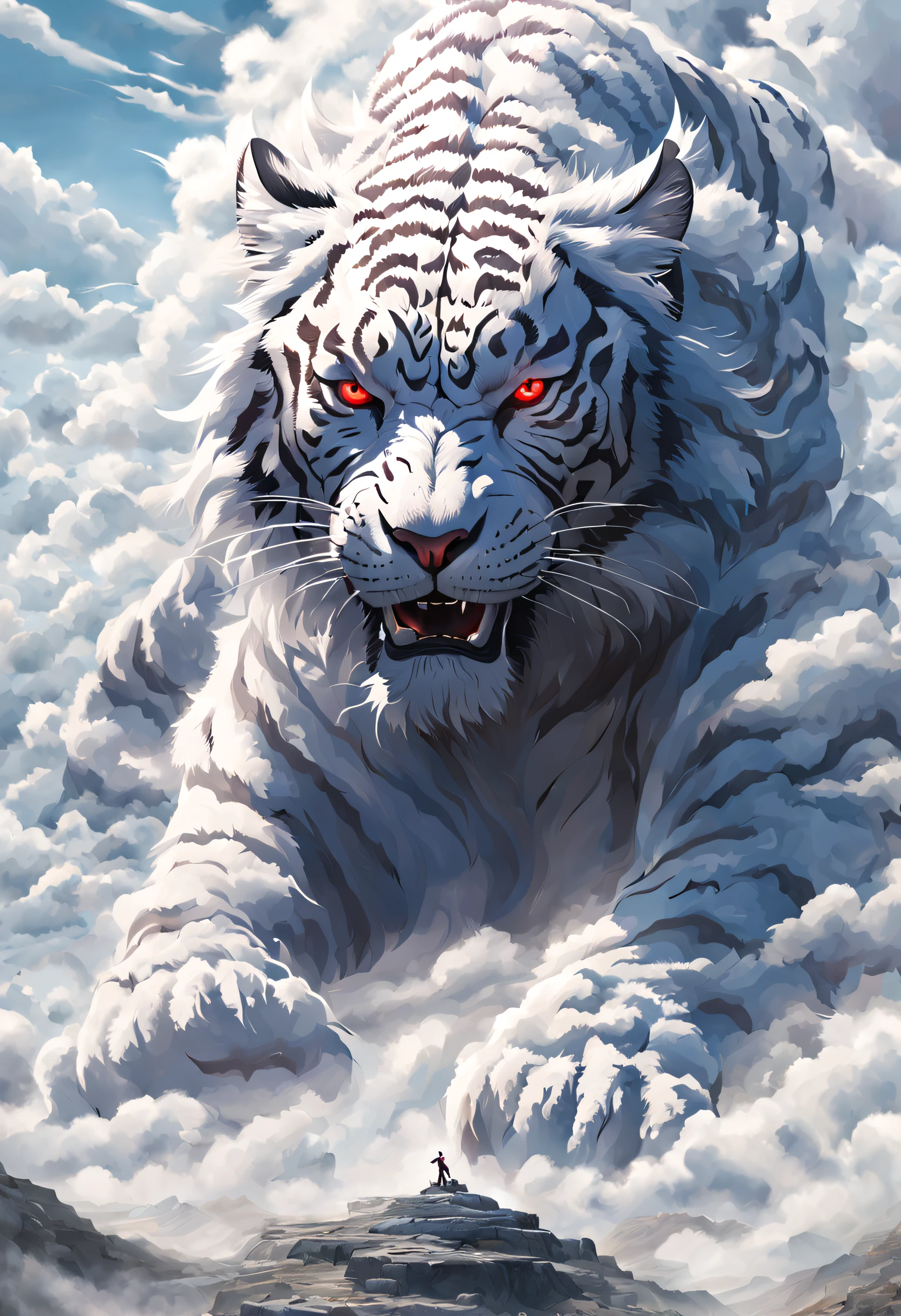 Hyper-realistic art BJ_divino_beastly, Red_The eye, Outdoor activities, horn, Skysky, teeth,daysies, ​​clouds, The No_Humanity, Cloudy_Skysky, scenecy, smokes, mont, White Tiger,  电影灯光,strong contrasts,High level of detail,Best quality at best,tmasterpiece, Extremely high resolution detail, Photographic, Realism taken to extremes, fine texture, Extremely realistic