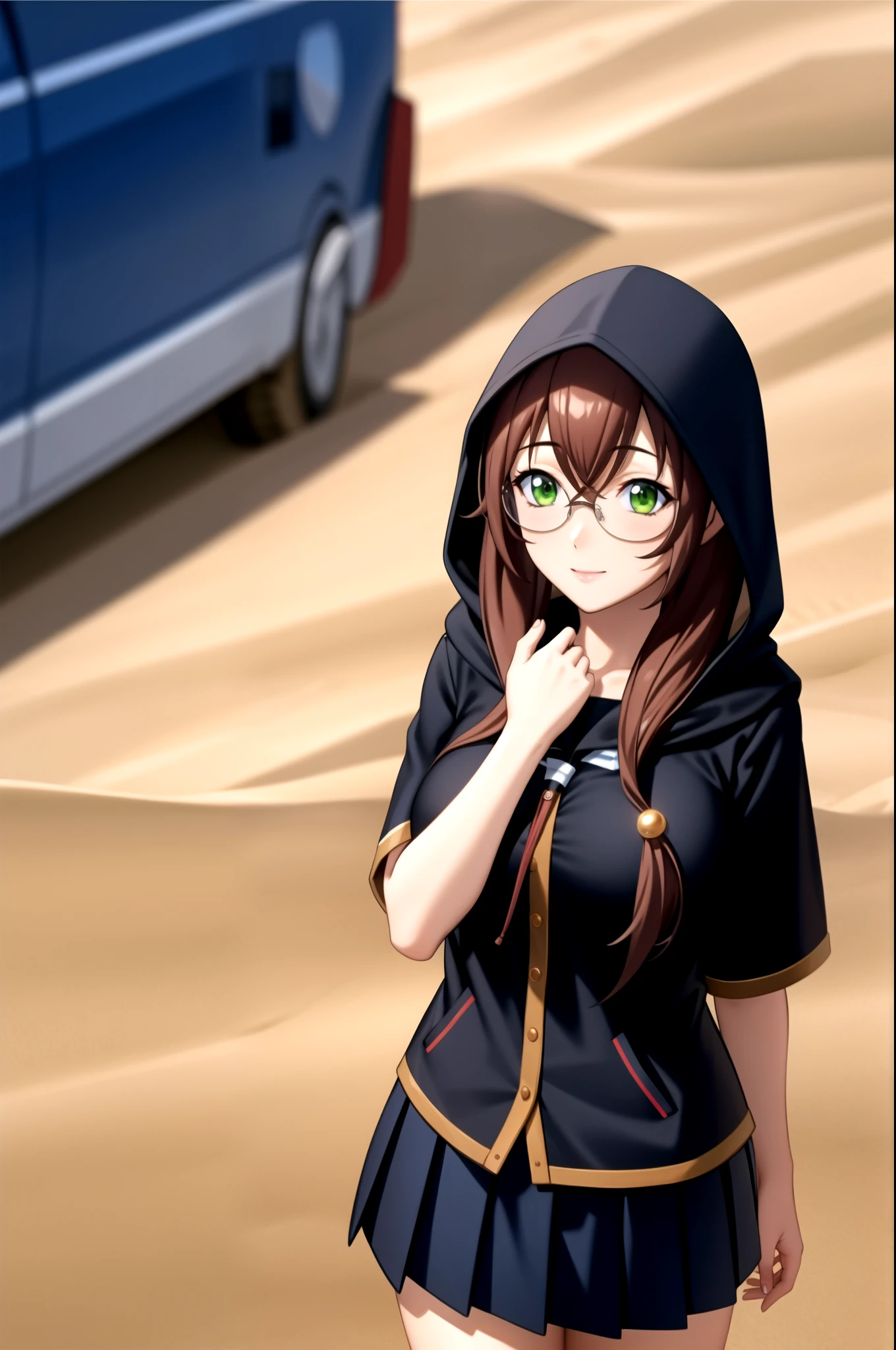 perfect eyes:1.2, detailed eyes:1.4, hooded coat, cloak, black cape:1.4, hood up, desert, sand, dunes, rubygentokuwz, brown hair, very long hair, green eyes, school uniform, serafuku, pleated skirt,blue skirt, hair ornament, large breasts, glasses, cowboy shot, 1girl, solo, (masterpiece:1.6, best quality), 8k, insane details, intricate details, hyperdetailed, hyper quality, high detail, ultra detailed, professional, HDR, ray tracing reflection, cinematic lighting,