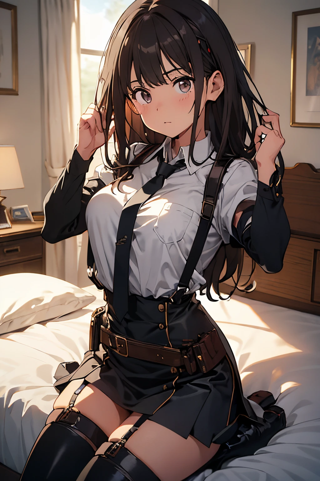 ​masterpiece、flat-colors、depth of fields、lens flare 1 girl、、Brown hair、watching at viewers　　　black suspenders　　　Bulging big breasts　　 　 　　　walls: 　Black miniskirt　garters　　　　　　Gaze　　　Small face　bangss 　　　holster　　Belt Armament　Beautuful Women　srestrained　hands up　Lying in bed　Leg holster lying on the bed　　Gaze 　Black boots