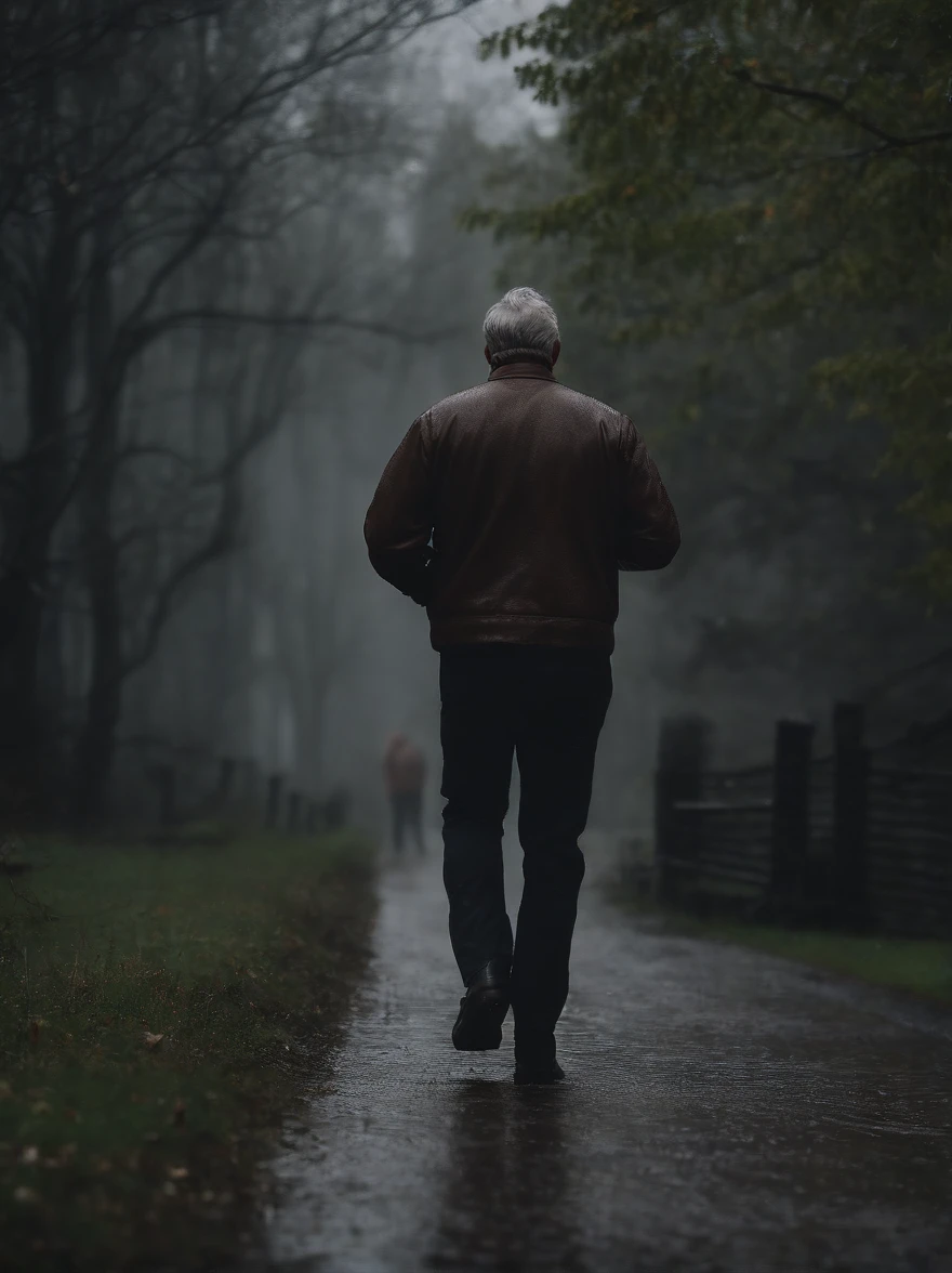 (8k, RAW photos, highest quality, masterpiece: 1.7), (Realistic, Photorealistic: 1.25), cinematic image of a 50-year-old man, rain running down his face, approaching a haunted house, back to camera
