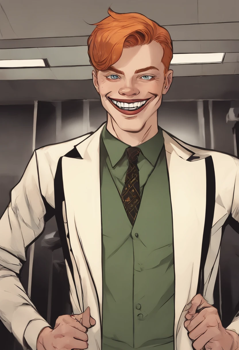The image is of Jerome standing in front of a mirror, holding a wicked-looking knife and grinning maniacally. His eyes are wild with excitement and he appears to be getting ready for some mischief.,Gotham TV series,Jerome is tall, pale, has short ginger hair, famously portrayed by Cameron Monaghan, male