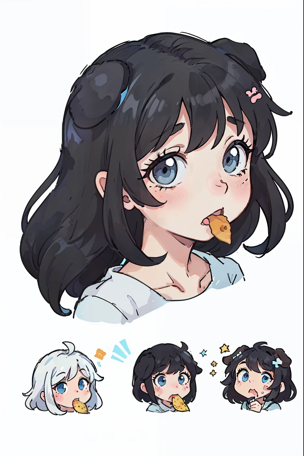 Cute puppy，black color hair，black dog ears，light blue  eyes，all kinds of expressions，idle，Eat potato chips，Expressing the，adorable eyes，white BE, illustration nii 5 style cute, emoji as illustration set, It has a bold comic line style, Dynamic pose deep white，，F/64 group，related characters，old meme kernel