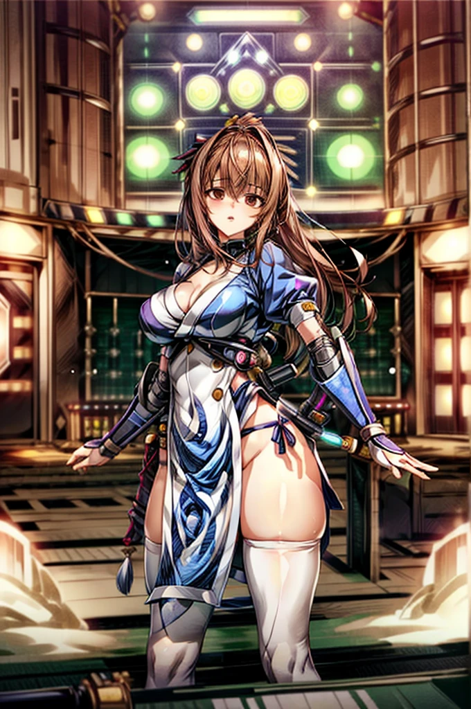 (masterpiece, best quality:1.3)
KasumiDOA, 1girl, solo, long hair, breasts, looking at viewer, bangs, large breasts, brown hair, thighhighs, dress, ribbon, cleavage, brown eyes, medium breasts, underwear, standing, panties, hair ribbon, braid, short sleeves, cowboy shot, japanese clothes, puffy sleeves, white thighhighs, puffy short sleeves, lips, sash, pelvic curtain, yellow ribbon, realistic, nose, arm guards, kote,hypnoLora,
empty eyes,Upright Pose,(Inside a futuristic and complex operational command center:1.6)