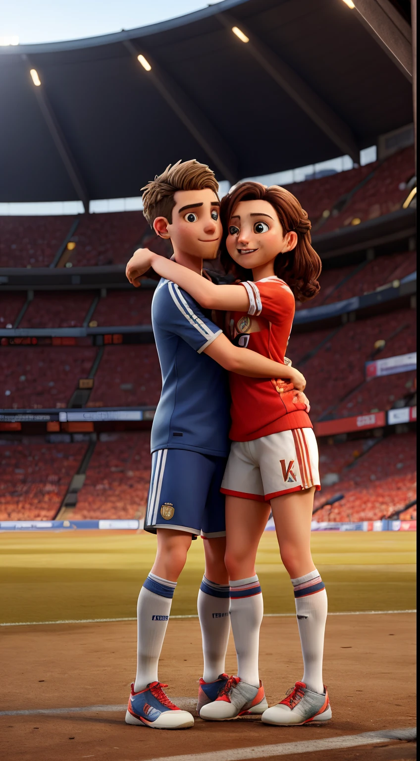 Couple women and men with same kit of real Madrid team with hug in stadium