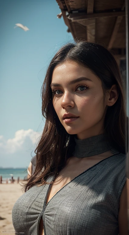 High Waisted Portrait of a beautiful exotic Caucasian woman wearing fashionable clothes on a beach, perfect detailed face, detailed symmetrical hazel eyes with circular iris, realistic, superb realistic photography, 3D rendering, octane rendering, intricately detailed, cinematic, trending on artstation, isometric, hipereallistic centered cover photo, awesome in color, hand-drawn, dark, gravelly, mucha, klimt, erte 12k, high definition, cinematic, neoprene, Behance contest winner, portrait featured on Unsplash, stylized digital art, smooth, ultra high definition, 8K, Unreal Engine 5, ultra sharp focus, masterpiece of complex artwork, eerie, epic, TanvirTamim, artstation trend, by Artgerm, H. R. Giger and Beksinski, highly detailed, vibrant