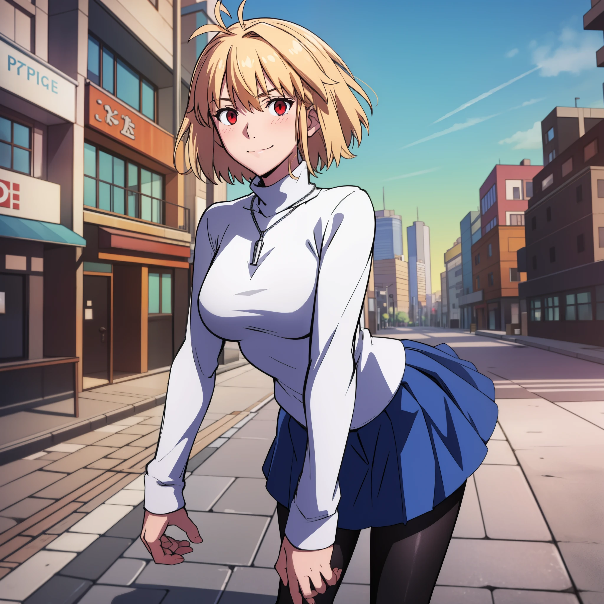 arcueid \(tsukihime\), 1girl, alley, arms behind back, black pantyhose, blue pleated skirt, blush, breasts, building, cowboy shot, day, chain necklace \(arcueid\) on chest, large breasts, looking at viewer, outdoors, smile, solo, standing, white long sleeves turtleneck white sweater, taut clothes, thigh gap, closed mouth, leaning forward, BREAK, 2hands, accurate fingers, loish hands, extreme hand detail, normal hands, with fingers, accurate hands, 2thumb