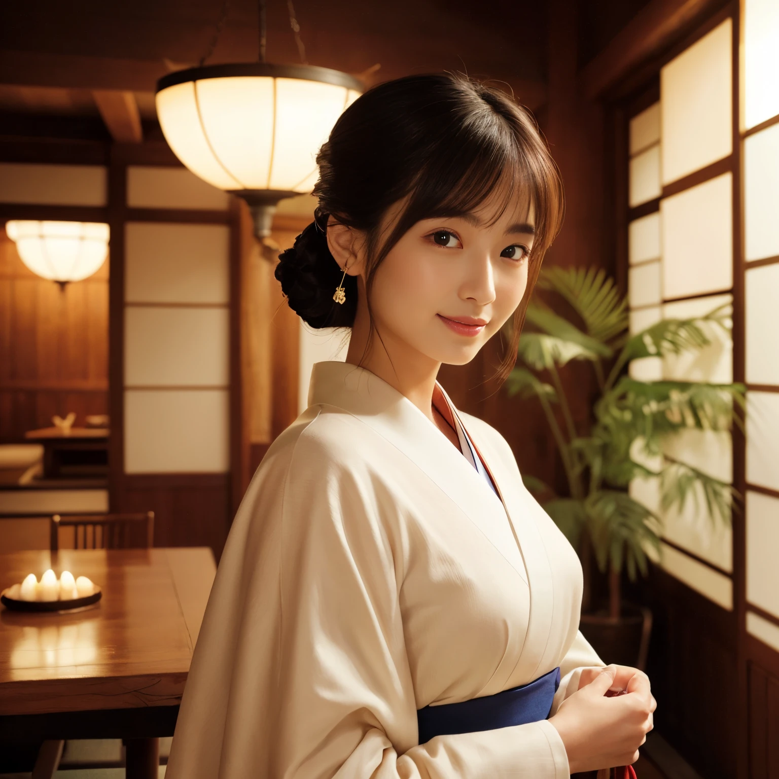 ((top-quality、masutepiece、8K、Top image quality、super-fine))、1 beauty、Photo from the waist of a woman、very luxurious kimono、very elegant kimono、chignon、Perfect makeup、Gorgeous hairpin on your head、The background is a luxurious Japanese-style room、elegant warm lighting、(Ranma decorated with wood carvings:1.3)、(Shoin shoji with detailed decorations:1.3)、(lighting embedded in the ceiling:1.3)、Luxurious vases and flowers、(A beautiful Japanese garden can be seen from the large round window.:1.3)、(Beautiful garden with gravel:1.2)、(1 high-quality hanging scroll on the wall:1.1)、(The most luxurious and elegant Japanese room:1.3)、(The most luxurious Japanese room in the world:1.3)、She's looking at me、Smile at me、perfect anatomia、A detailed face、accurate anatomy