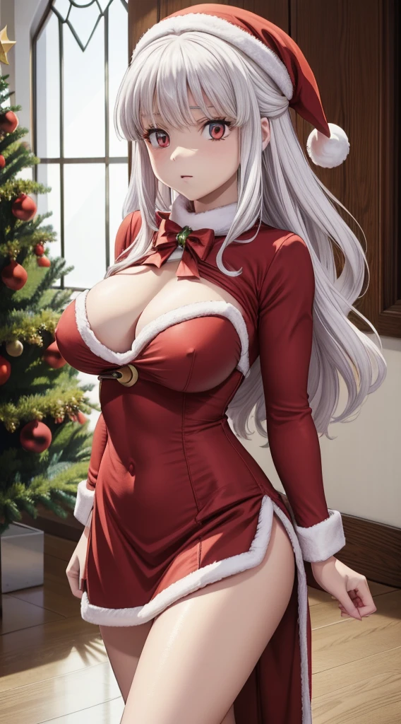 masterpiece, best quality, 1 solo girl, white hair, red eyes, medium hair, wavy hair, Christmas ornaments, medium breasts, mature body and face, red christmas dress, christmas, christmas light, christmas tree, red gloves, red santa skirt, holding gift, red bra, red panty, leg up, cowboy shots, sexy pose, dakimakura, detailed body, face, and eyes, sharp focus, vibrant, creative, dynamic, high definition, high resolution, 8k, (Upscale: R-ESRGAN 4x+ Anime6B), (Image enchance:4x), voluptuous body