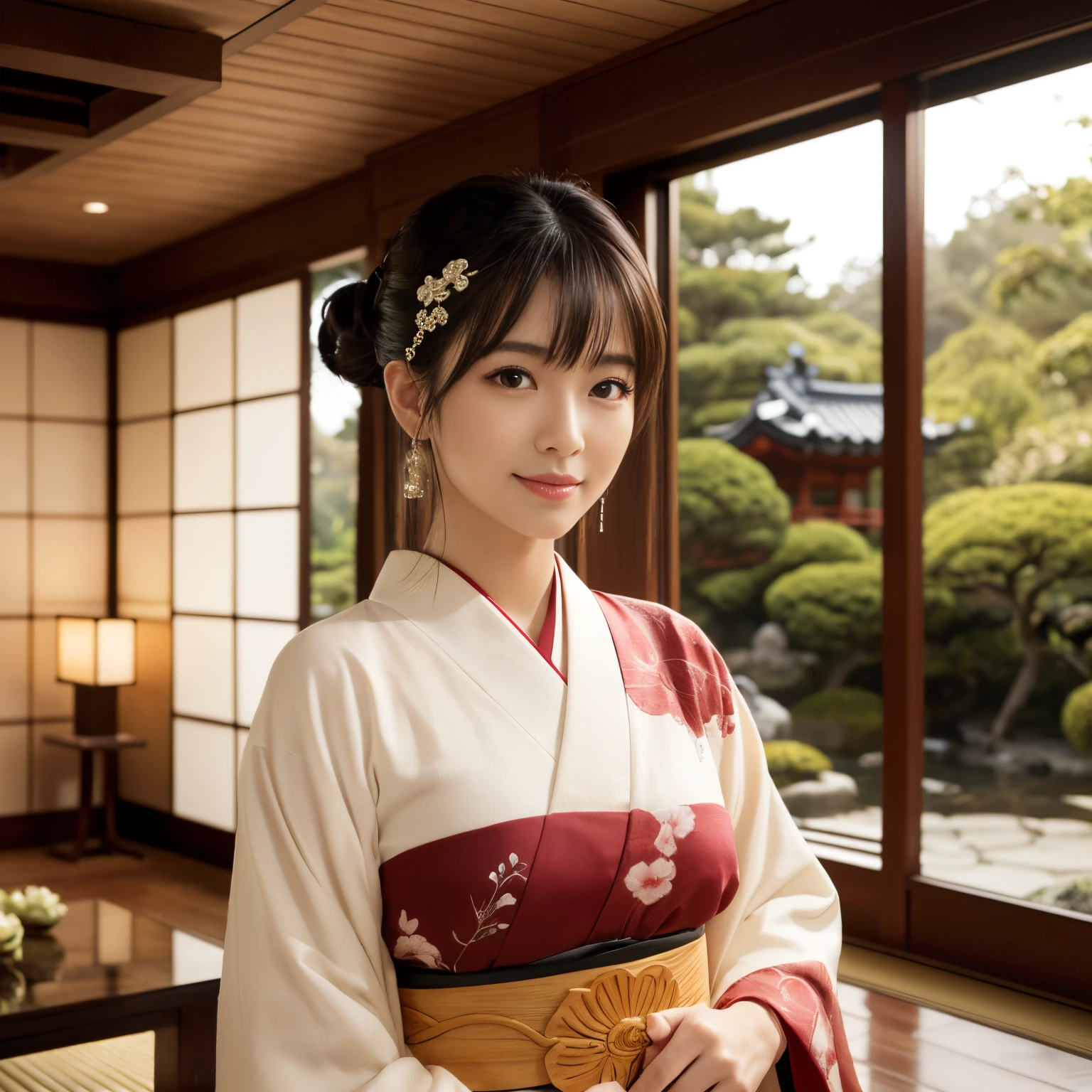 ((top-quality、masutepiece、8K、Top image quality、super-fine))、1 beauty、Photo from the waist of a woman、very luxurious kimono、very elegant kimono、chignon、Perfect makeup、Gorgeous hairpin on your head、The background is a luxurious Japanese-style room、elegant warm lighting、(Ranma decorated with wood carvings:1.3)、(Shoin shoji with detailed decorations:1.3)、(lighting embedded in the ceiling:1.3)、Luxurious vases and flowers、(A beautiful Japanese garden can be seen from the large round window.:1.3)、(Beautiful garden with gravel:1.2)、(1 high-quality hanging scroll on the wall:1.1)、(The most luxurious and elegant Japanese room:1.3)、(The most luxurious Japanese room in the world:1.3)、She's looking at me、Smile at me、perfect anatomia、A detailed face、accurate anatomy