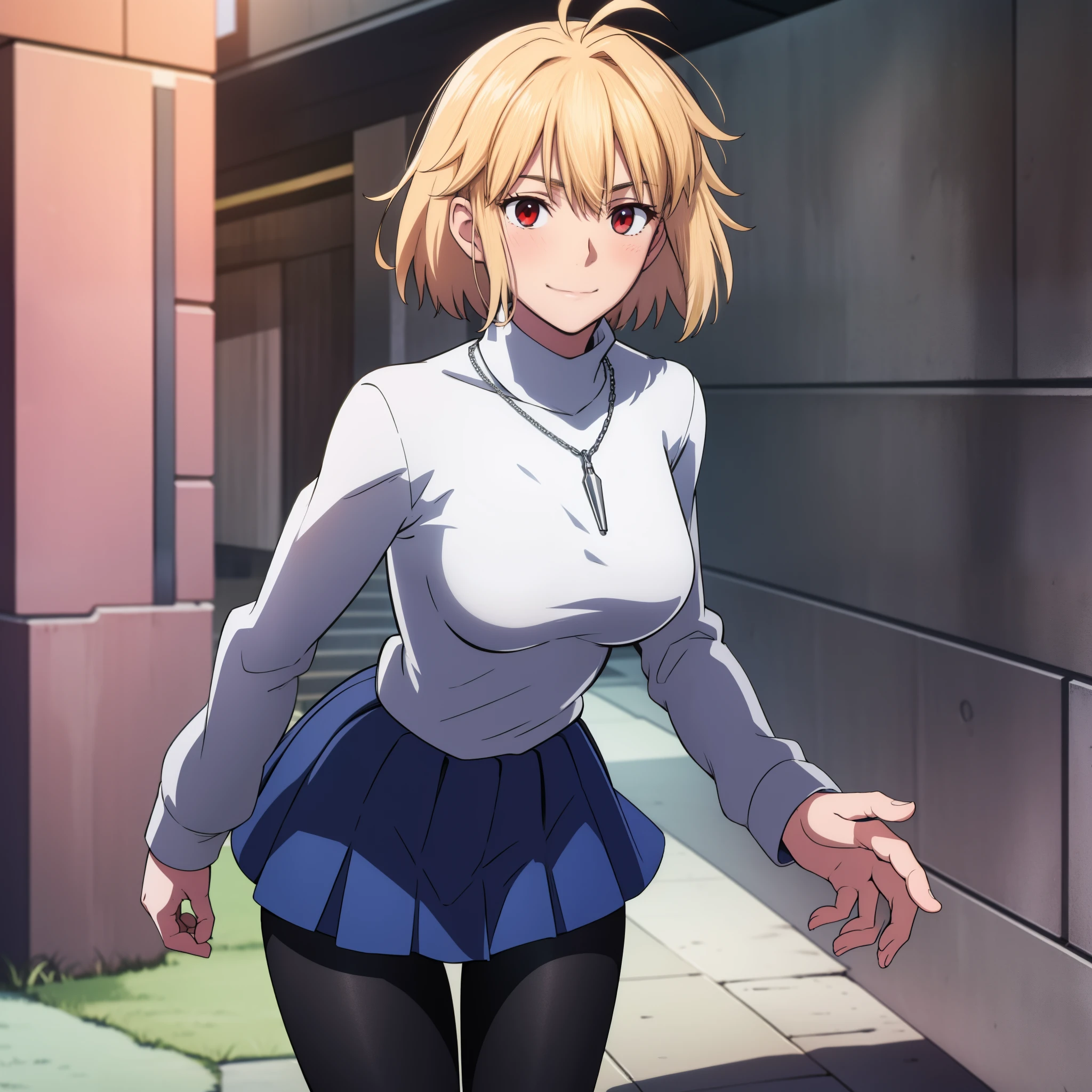 arcueid \(tsukihime\), 1girl, alley, arms behind back, black pantyhose, blue pleated skirt, blush, breasts, building, cowboy shot, day, chain necklace \(arcueid\) on chest, large breasts, looking at viewer, outdoors, smile, solo, standing, white long sleeves turtleneck white sweater, taut clothes, thigh gap, closed mouth, leaning forward, BREAK, 2hands, accurate fingers, loish hands, extreme hand detail, normal hands, with fingers, accurate hands, 2thumb