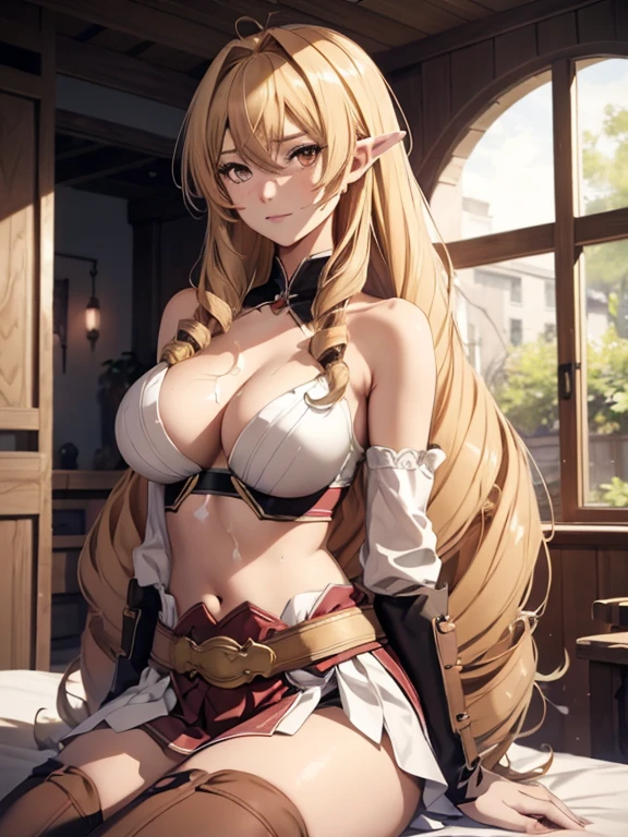 anime style beautiful women, solo woman, Elinalise, 1girl, solo, long_hair, navel, wariza, cleavage, sitting, midriff, medium_breasts, collarbone, very_long_hair, white_skirt, brown_belt, red_legwear, ((CUM)), ((TIT FUCK)),