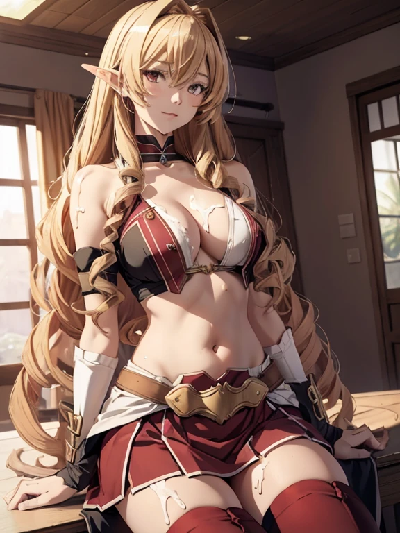 anime style beautiful women, solo woman, Elinalise, 1girl, solo, long_hair, navel, wariza, cleavage, sitting, midriff, medium_breasts, collarbone, very_long_hair, white_skirt, brown_belt, red_legwear, ((CUM)), ((TIT FUCK)),