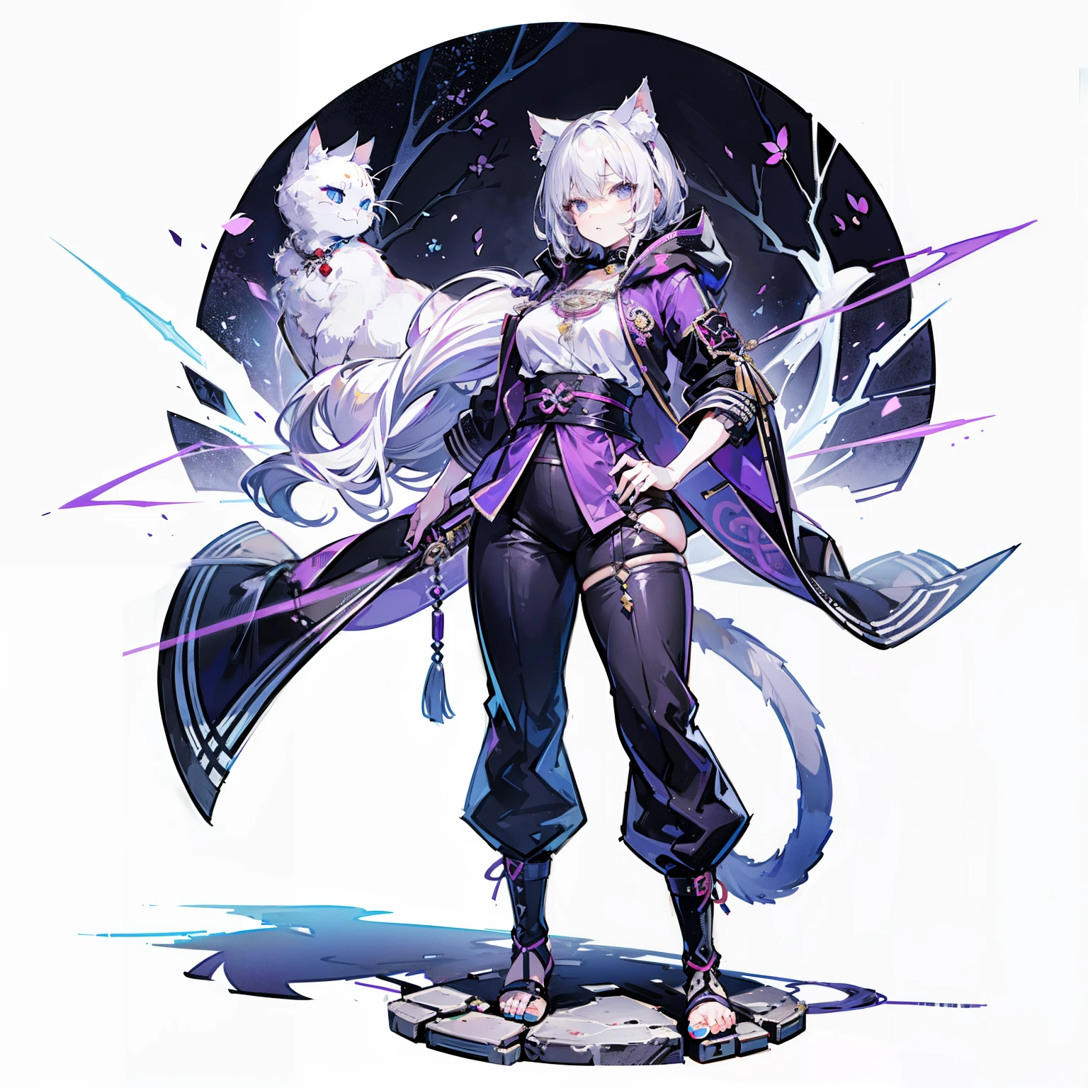 1 plump girl,独奏,(loli pictures),(((white color hair))),(flatchest),Delicate face and beautiful eyes,Delicate hair,A particularly long strand of side hair),(Cat Ear Hood),One eye is covered by a hood,围巾,(White background 1::5),standing painting style,((Full body lesbian)),(A detailed eye),Leg straps,Purple and black cyberpunk jacket,long trousers,Samurai sword,Lightning background