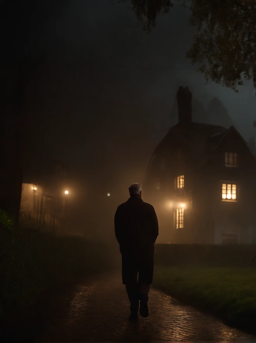 (8k, RAW photos, highest quality, masterpiece: 1.7), (Realistic, Photorealistic: 1.25), cinematic image of a 50-year-old man, rain running down his face, approaching a haunted house, low light, night, back to camera