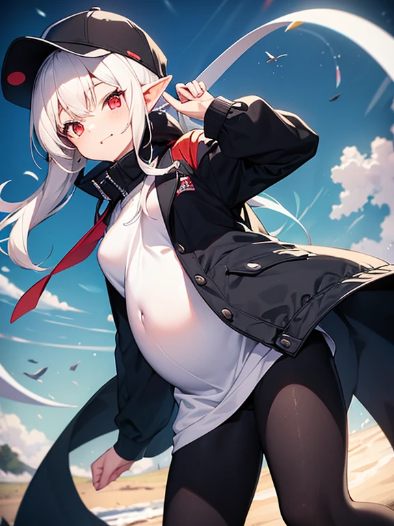 woman wearing white casual clothes and wearing a jacket on her back and a unique hat, bright red eyes, ears that point upwards like an elf, body position standing upright. Pregnant with a very large stomach