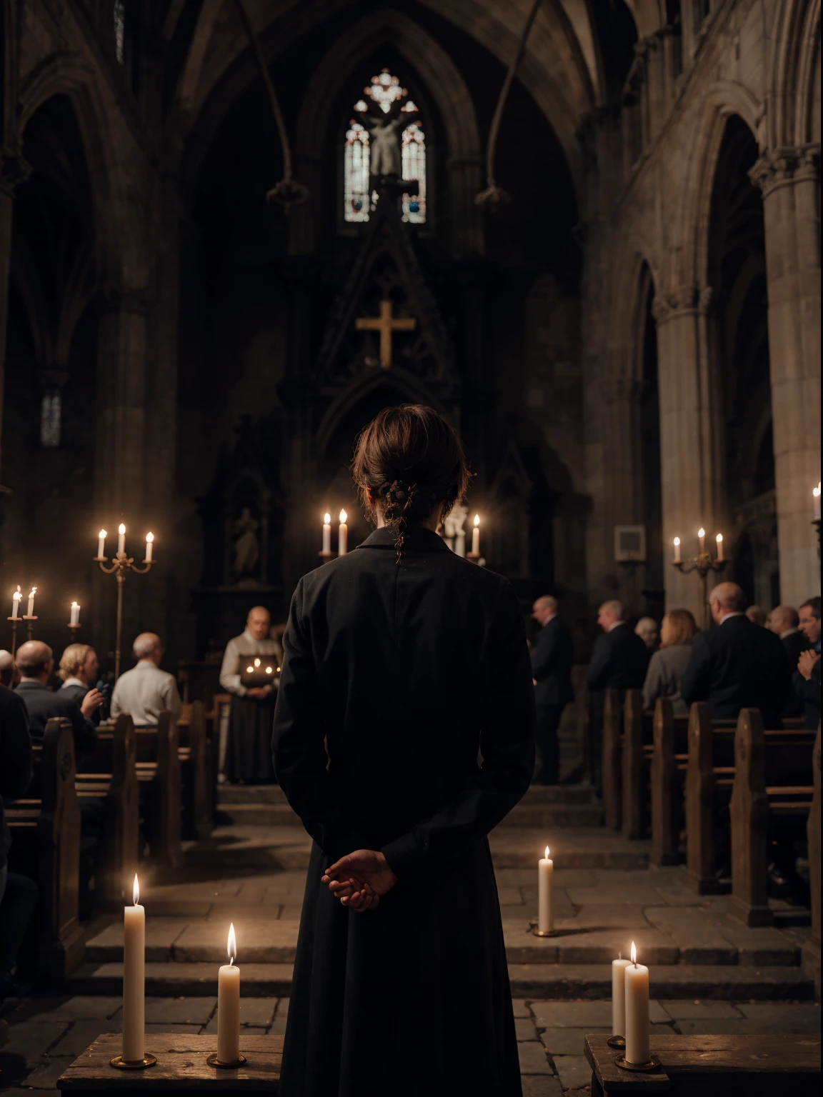 London style, Spiders and cobwebs are tangled, cinematic, extremely detailed cg, detailed texture, crowded church, gothic candles, candlelit, back to camera, girl, standing