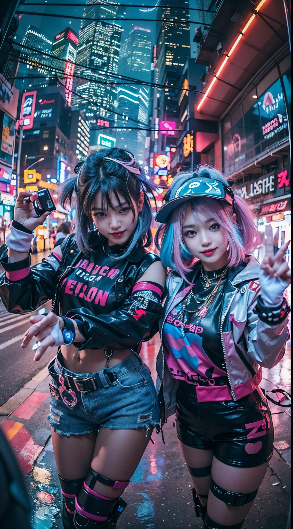 ((2 cyberpunk girls wearing colorful Harajuku style pop outfit)), ((fisheye lens)), cowboy shot, wind, messy hair, cyberpunk cityscape, (aesthetics and atmosphere:1.2), smiling, ((cinematic lighting))