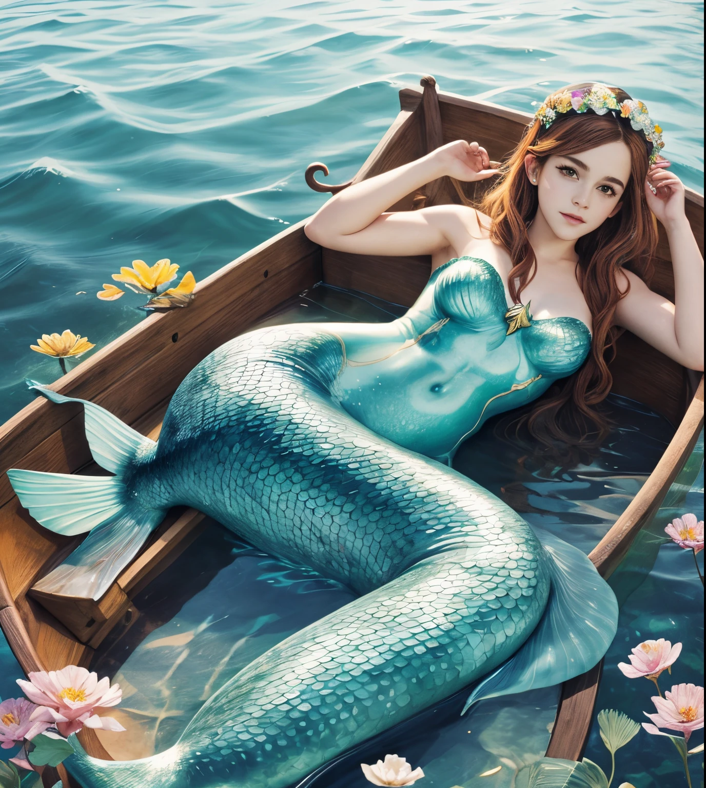 mermaid laying in a boat with a flower crown on its head, beautiful mermaid, mermaid, emma watson as a mermaid, a mermaid in the sea, emma watson as sea mermaid, mermaid body, scales covering her chest, beautiful portrait of nami, ariana grande as a mermaid, portrait of mermaid, by Yang J, queen of the sea mu yanling, mermaids and fish.