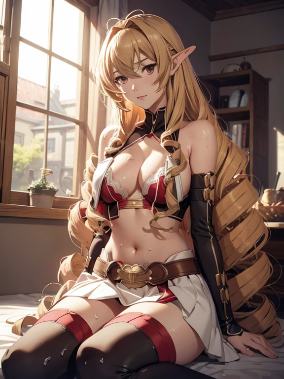 anime style beautiful women, solo woman, Elinalise, 1girl, solo, long_hair, navel, wariza, cleavage, sitting, midriff, medium_breasts, collarbone, very_long_hair, white_skirt, brown_belt, red_legwear, ((CUM)), ((TIT FUCK)),