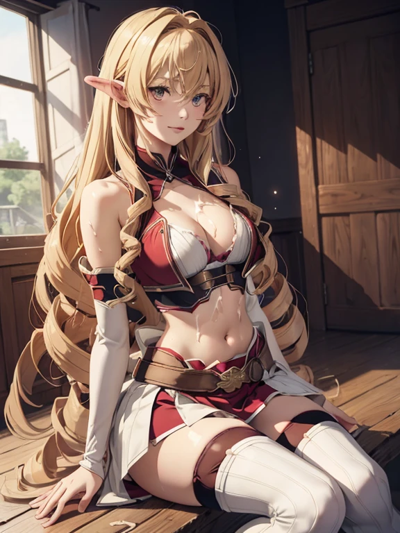 anime style beautiful women, solo woman, Elinalise, 1girl, solo, long_hair, navel, wariza, cleavage, sitting, midriff, medium_breasts, collarbone, very_long_hair, white_skirt, brown_belt, red_legwear, ((CUM)), ((TIT FUCK)),