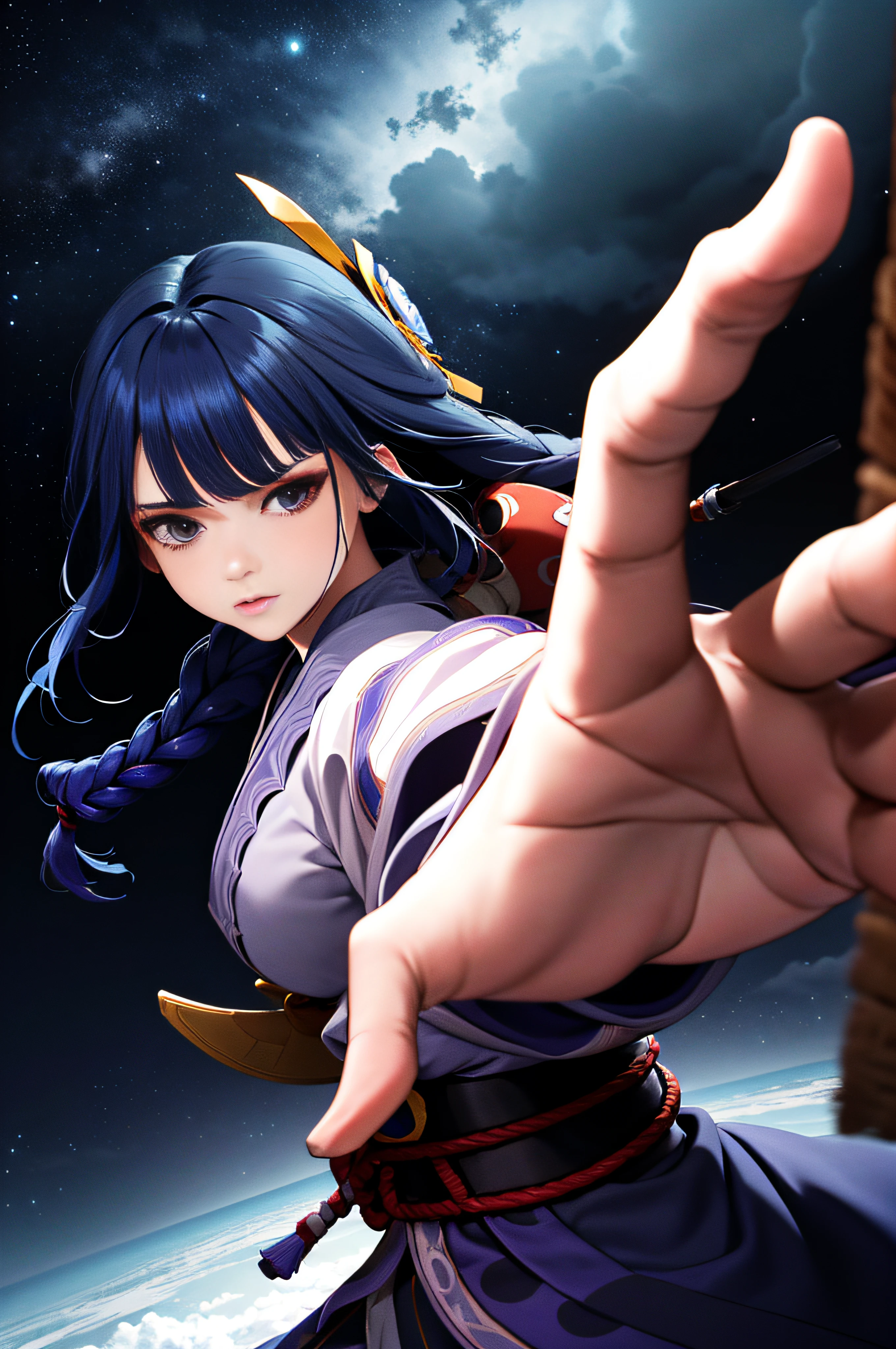 Highly detailed, High Quality, Masterpiece, beautiful, PepePunchMeme, 1girl, solo, Raiden_Shogun_\(genshin impact\), Raiden_Shogun:1.2, blue hair, long hair,