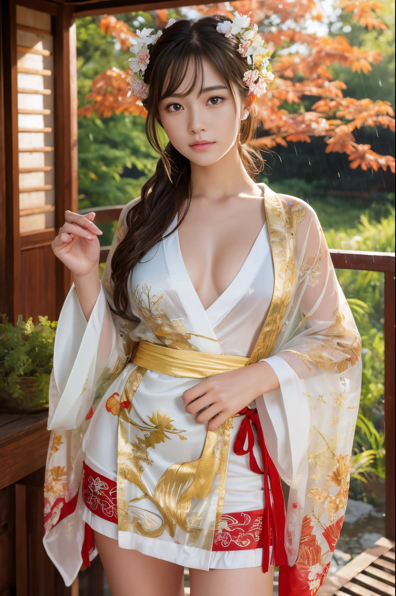 best quality, ultra high res, (photorealistic:1.4), RAW photo, (upper thigh, from side:0.7), (bokeh:1.5), (bed), (in suite:1.6), (exotic skin), (black long hair), big boobs, orange kimono, japanese girl, cute,