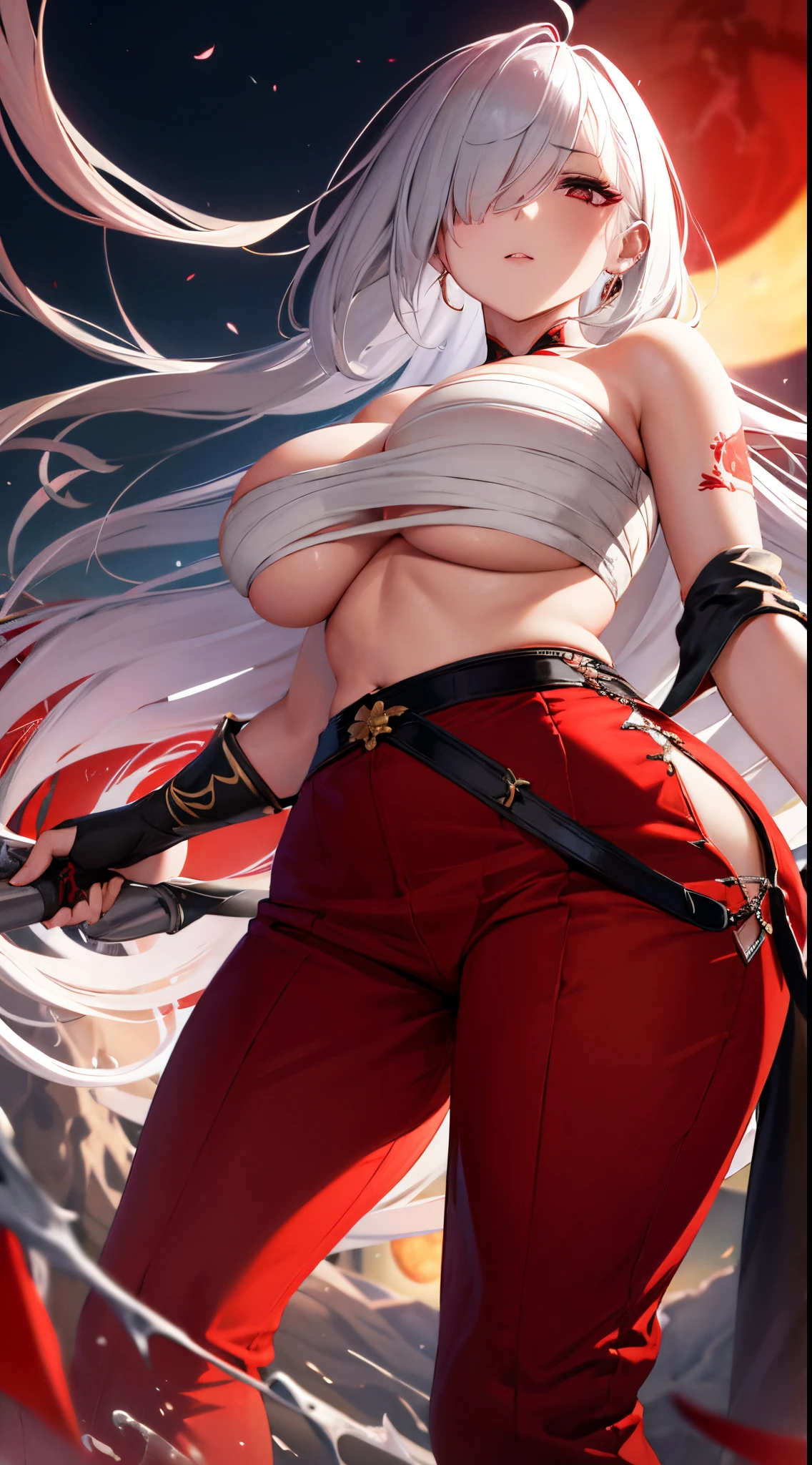 (best quality,4k,highres), mature women with white hair,red eye, hair covering one eye, bandaged Breasts , red moon background, Tattoo on shoulder ,mature, cool expression ,ultra-detailed,sharp focus,vivid colors,portraits, Night , Hakama Pant , from below view,  large breast, Navel , Ahoge hair, Long wavy hair, Tattoo on arm